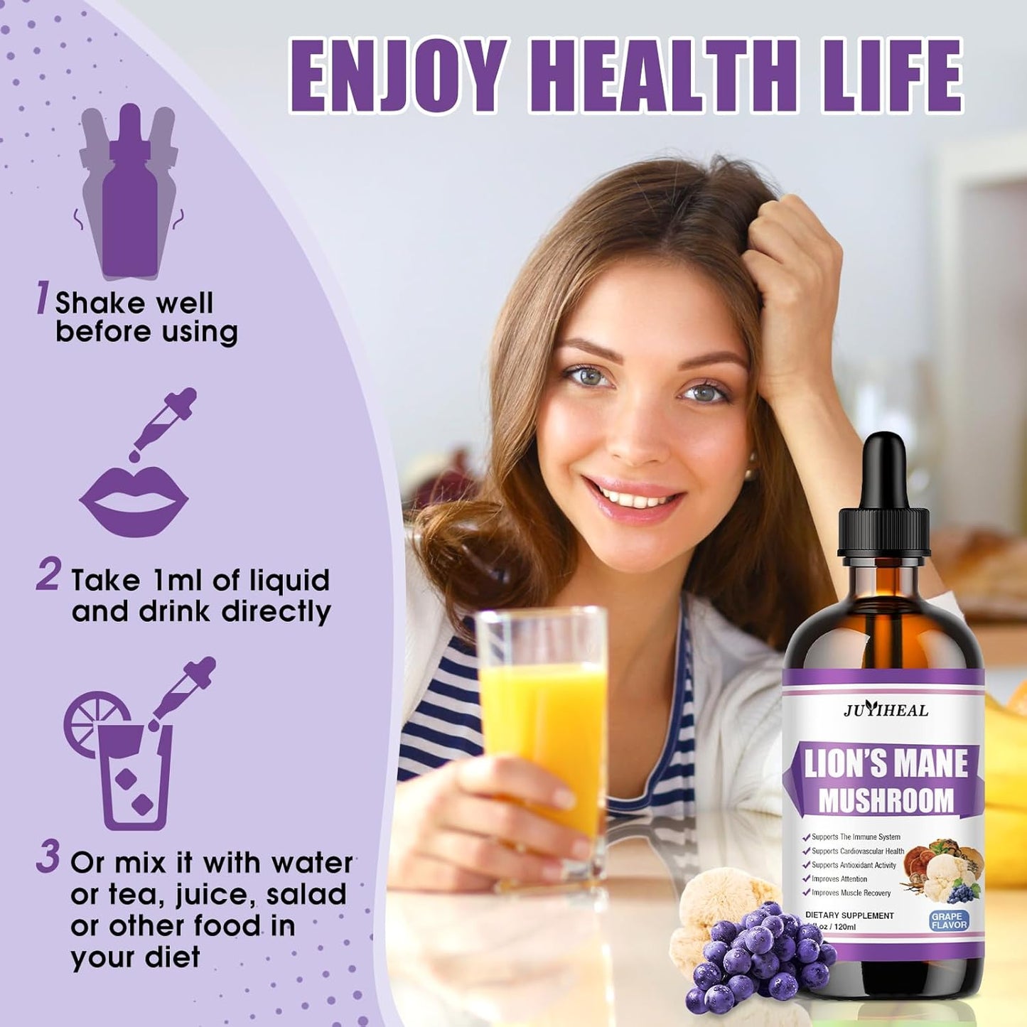 Lions Mane Liquid Supplement for Brain Support & Focus - Sugar & Alcohol-Free Tincture - 4 Fl OZ, Grape Flavor - 4 Month Supply