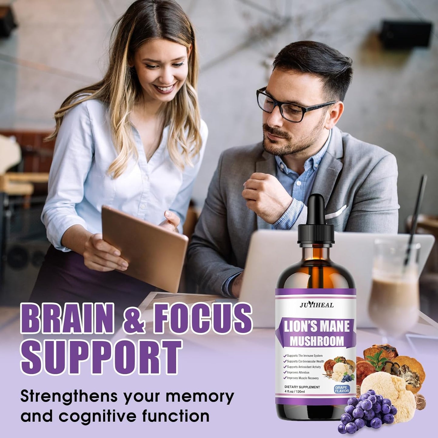 Lions Mane Liquid Supplement for Brain Support & Focus - Sugar & Alcohol-Free Tincture - 4 Fl OZ, Grape Flavor - 4 Month Supply