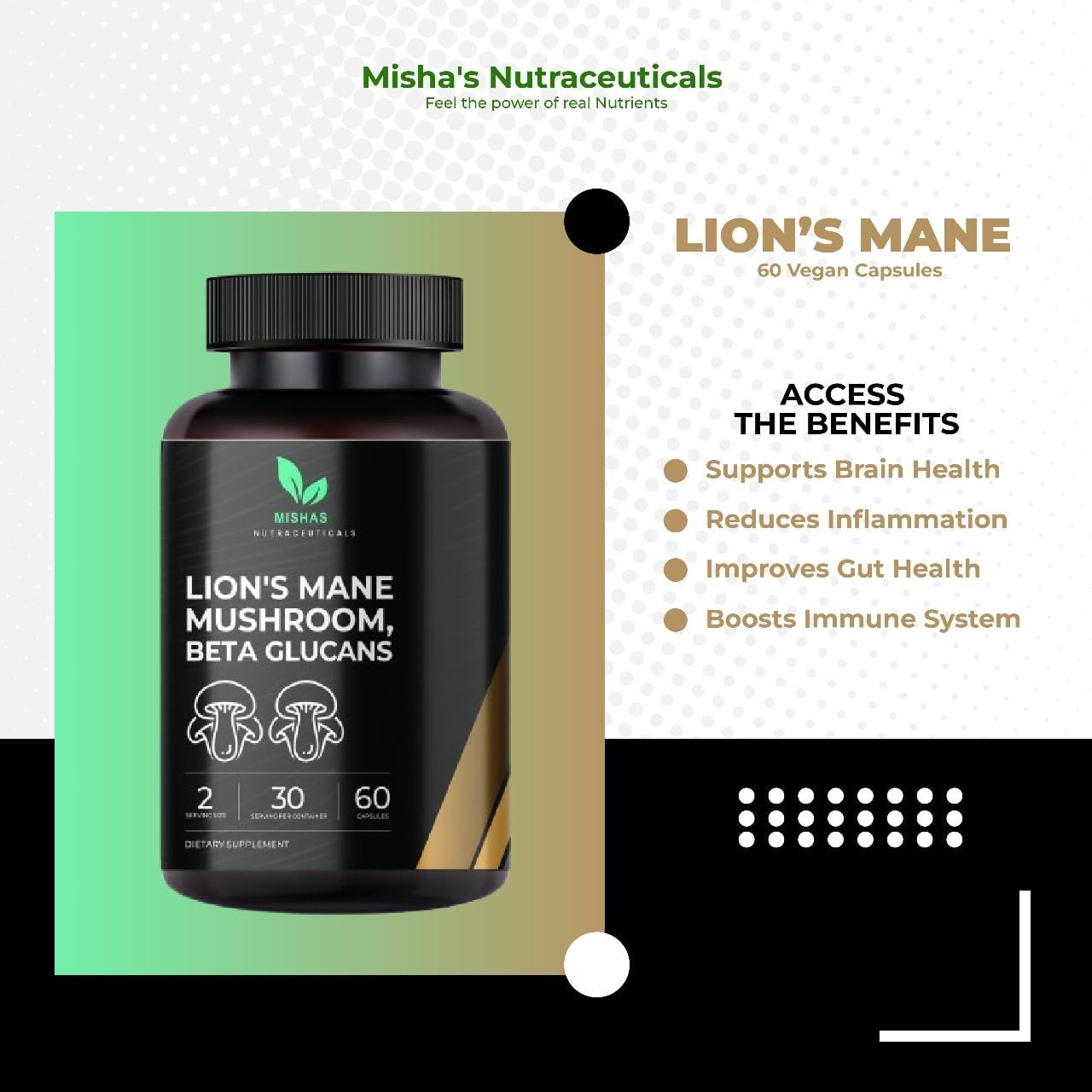 Lion's Mane Mushroom and Beta Glucans Supplement for Brain, Mood, and Immune Support - Vegan Capsules - Reduce Stress - 60 Count