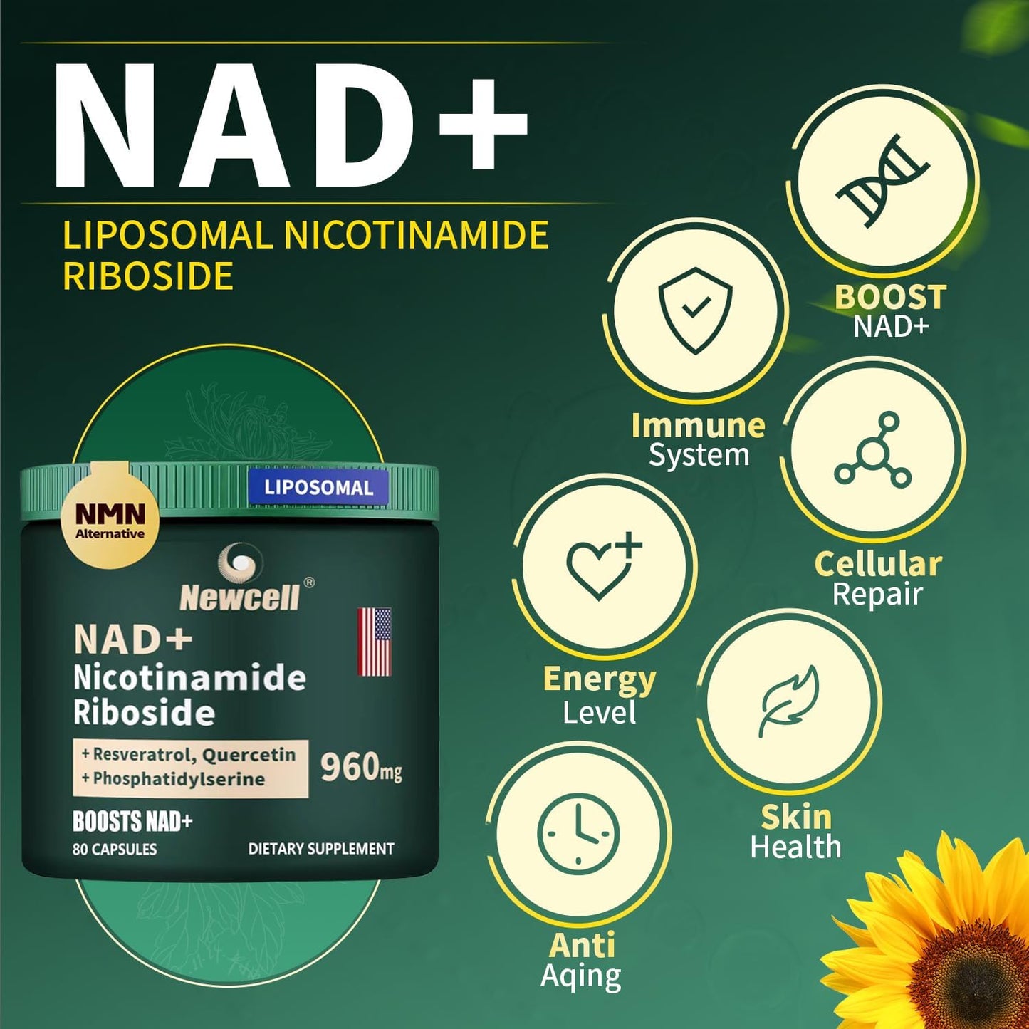 Liposomal NAD+ Supplement with NMN, Resveratrol, and Quercetin for Energy and Focus - 80 Capsules