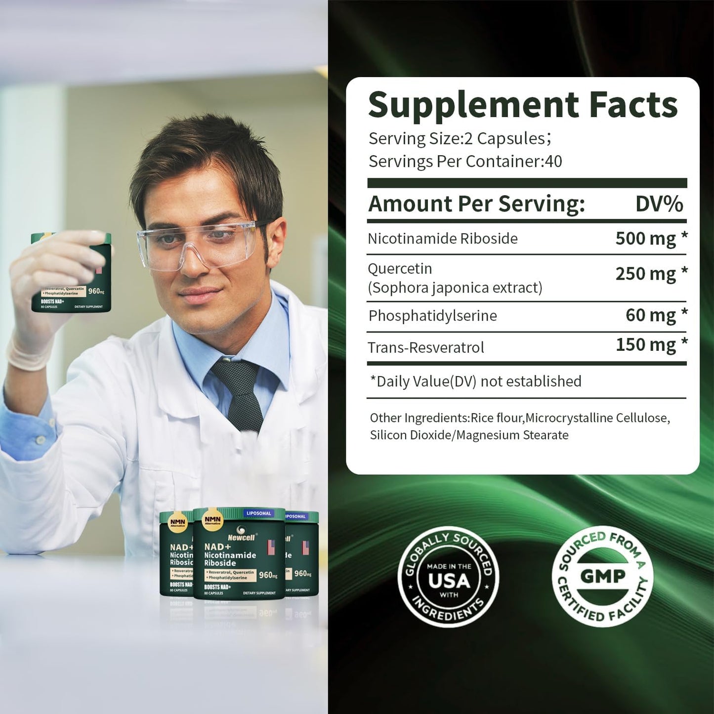 Liposomal NAD+ Supplement with NMN, Resveratrol, and Quercetin for Energy and Focus - 80 Capsules