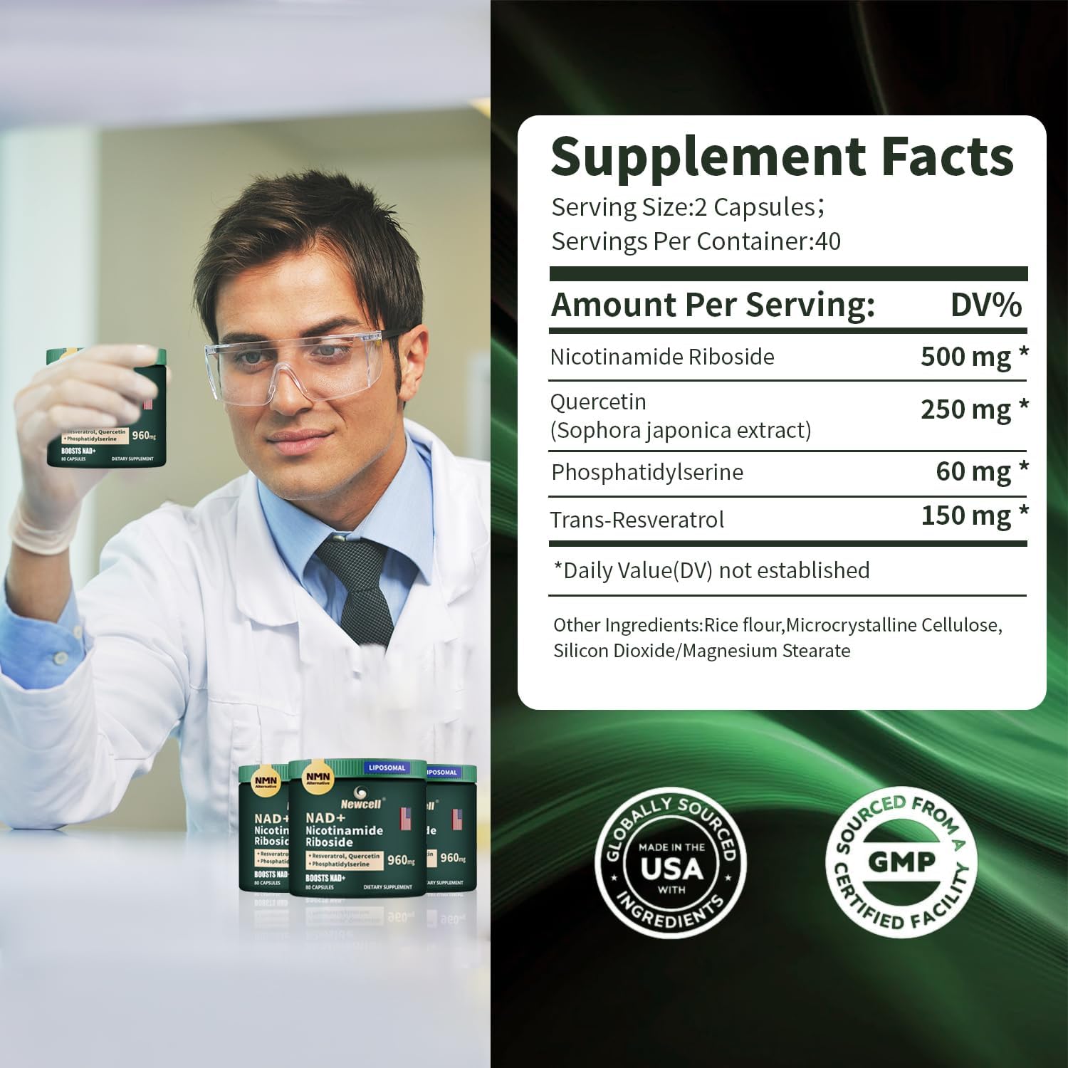 Liposomal NAD+ Supplement with NMN, Resveratrol, and Quercetin for Energy and Focus - 80 Capsules