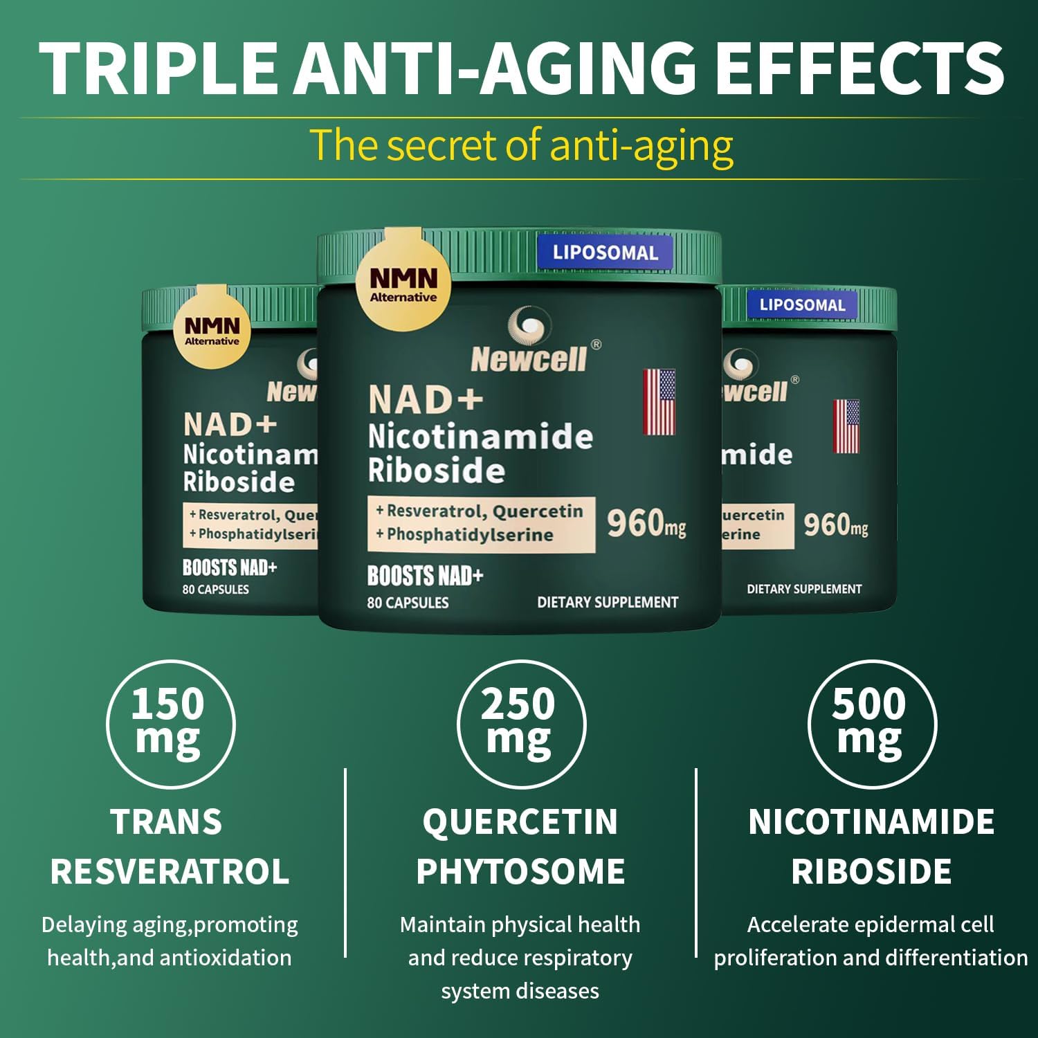 Liposomal NAD+ Supplement with NMN, Resveratrol, and Quercetin for Energy and Focus - 80 Capsules
