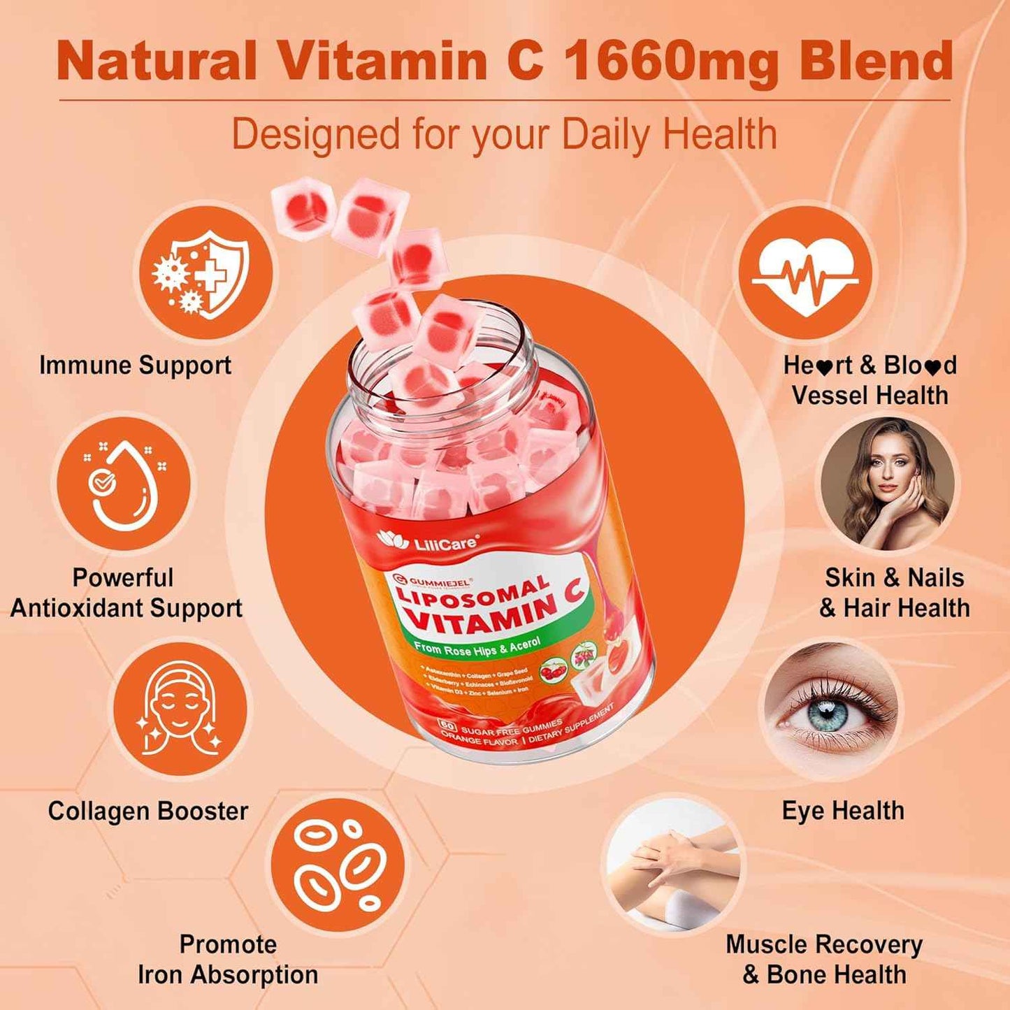 Liposomal Vitamin C 1000mg Filled Gummies for Adults & Kids 9+, 1660mg Blend w/Echinacea, Elderberry, D3, Zinc, Iron, Bioflavonoid, Astaxanthin, Natural Organic Chewable Vitamin C, Sugar Free, 2Pack