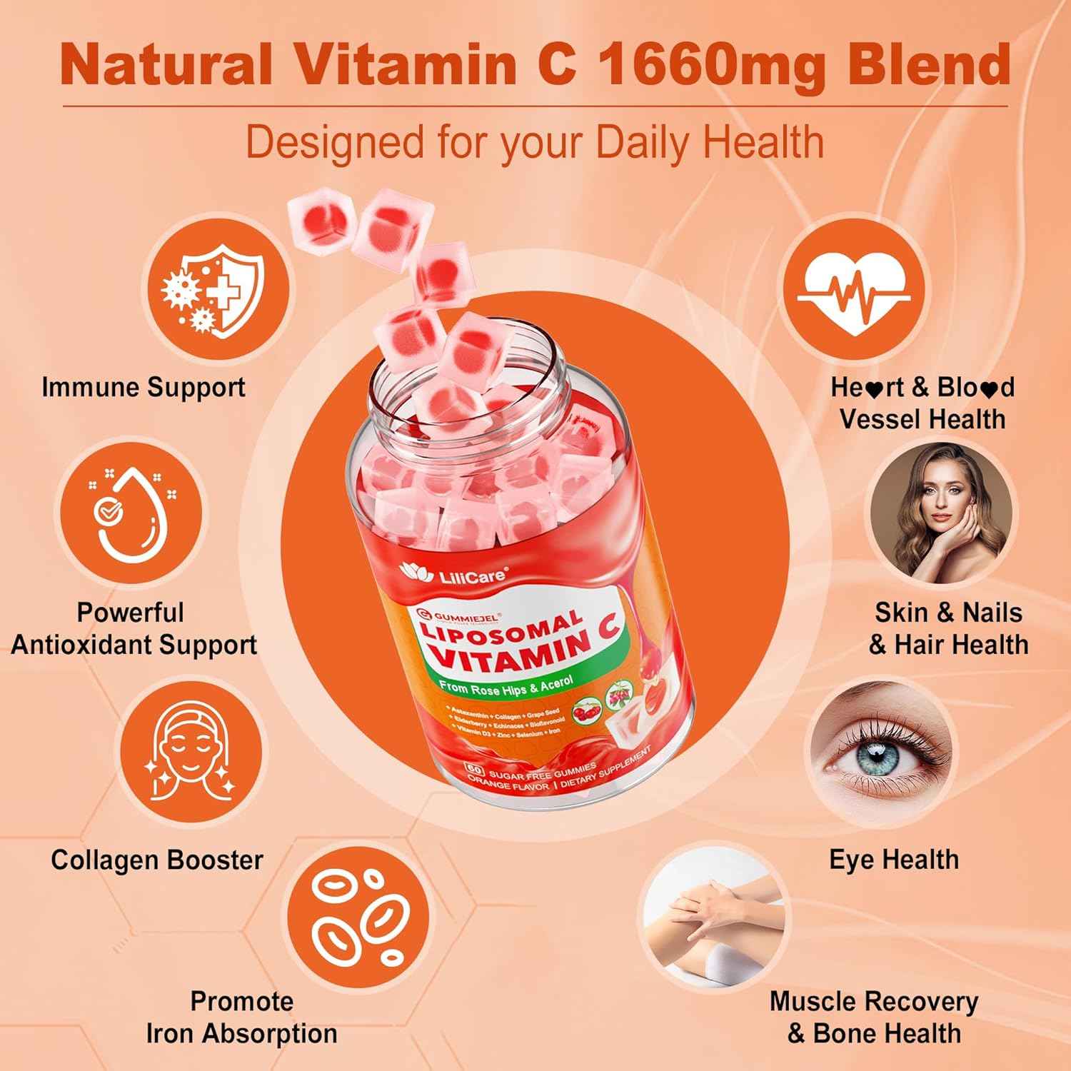 Liposomal Vitamin C 1000mg Filled Gummies for Adults & Kids 9+, 1660mg Blend w/Echinacea, Elderberry, D3, Zinc, Iron, Bioflavonoid, Astaxanthin, Natural Organic Chewable Vitamin C, Sugar Free, 2Pack