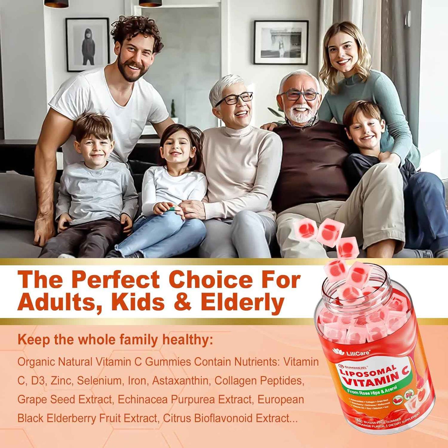 Liposomal Vitamin C 1000mg Filled Gummies for Adults & Kids 9+, 1660mg Blend w/Echinacea, Elderberry, D3, Zinc, Iron, Bioflavonoid, Astaxanthin, Natural Organic Chewable Vitamin C, Sugar Free, 2Pack