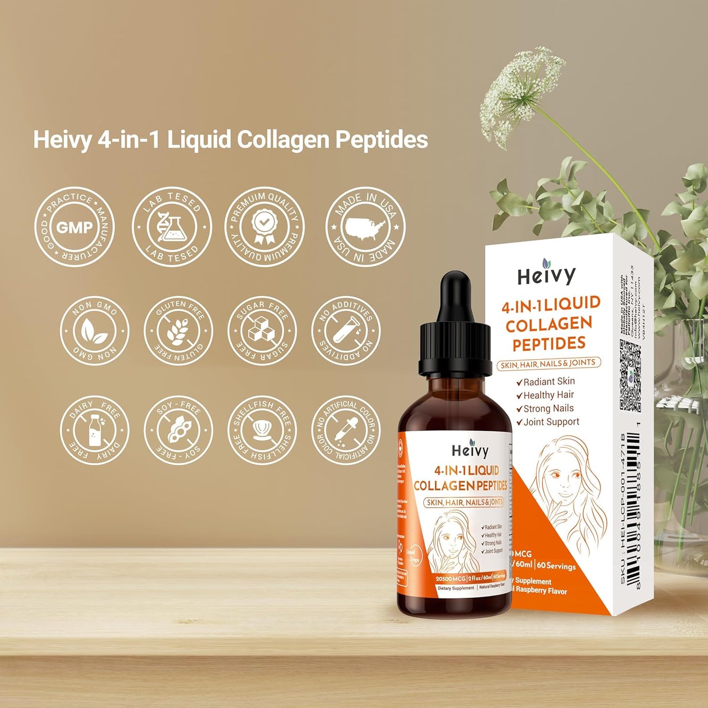 Liquid Collagen Peptides Drops for Radiant Skin, Hair, Nails, Joint Support - Raspberry Flavor - 2 fl oz