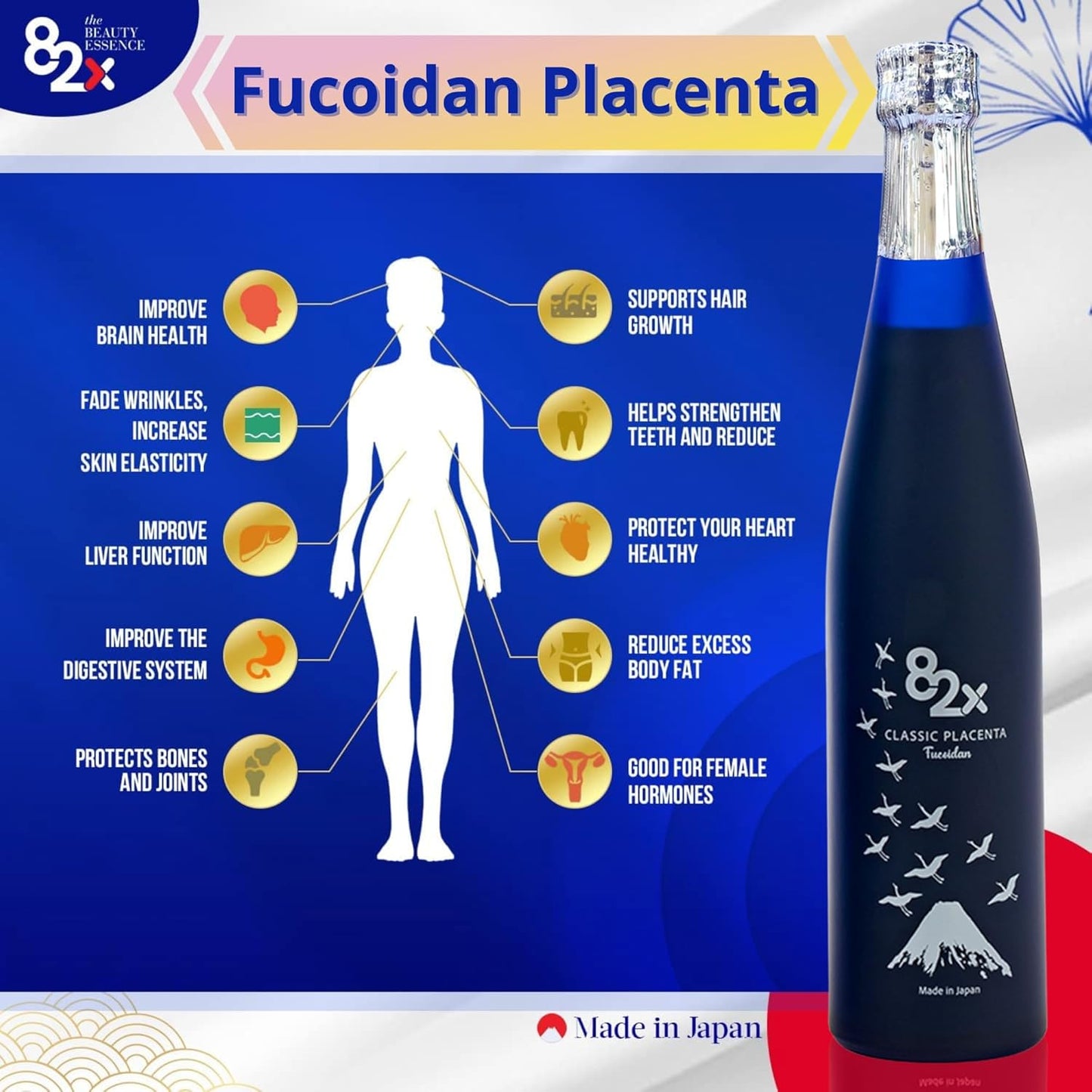 Liquid Collagen Placenta Drink with Marine Collagen Peptide - 450,000mg Placenta + 15,000mg Collagen - 82X Fucoidan Placenta Classic Supplement from Japan - Skin, Hair, Nail Support with 82 Fermented Plants