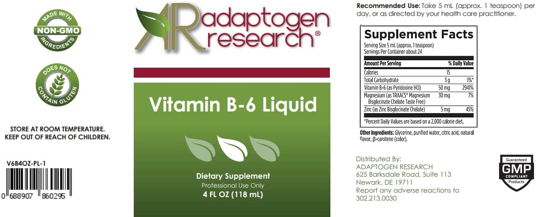 Liquid Vitamin B6 Supplement with Magnesium, Zinc, and Adaptogen Research - 24 Servings, 4 fl oz