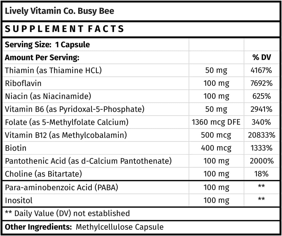 LIVELY VITAMIN CO. Busy Bee - High Bioavailability B Complex with Choline - Energy, Stress, Brain Fog, Mental Clarity - Antioxidant Support - 90 Vegan Capsules