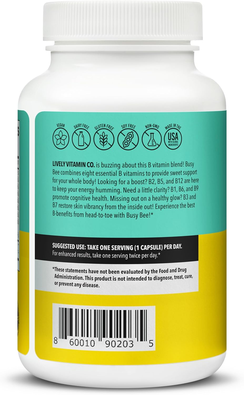 LIVELY VITAMIN CO. Busy Bee - High Bioavailability B Complex with Choline - Energy, Stress, Brain Fog, Mental Clarity - Antioxidant Support - 90 Vegan Capsules