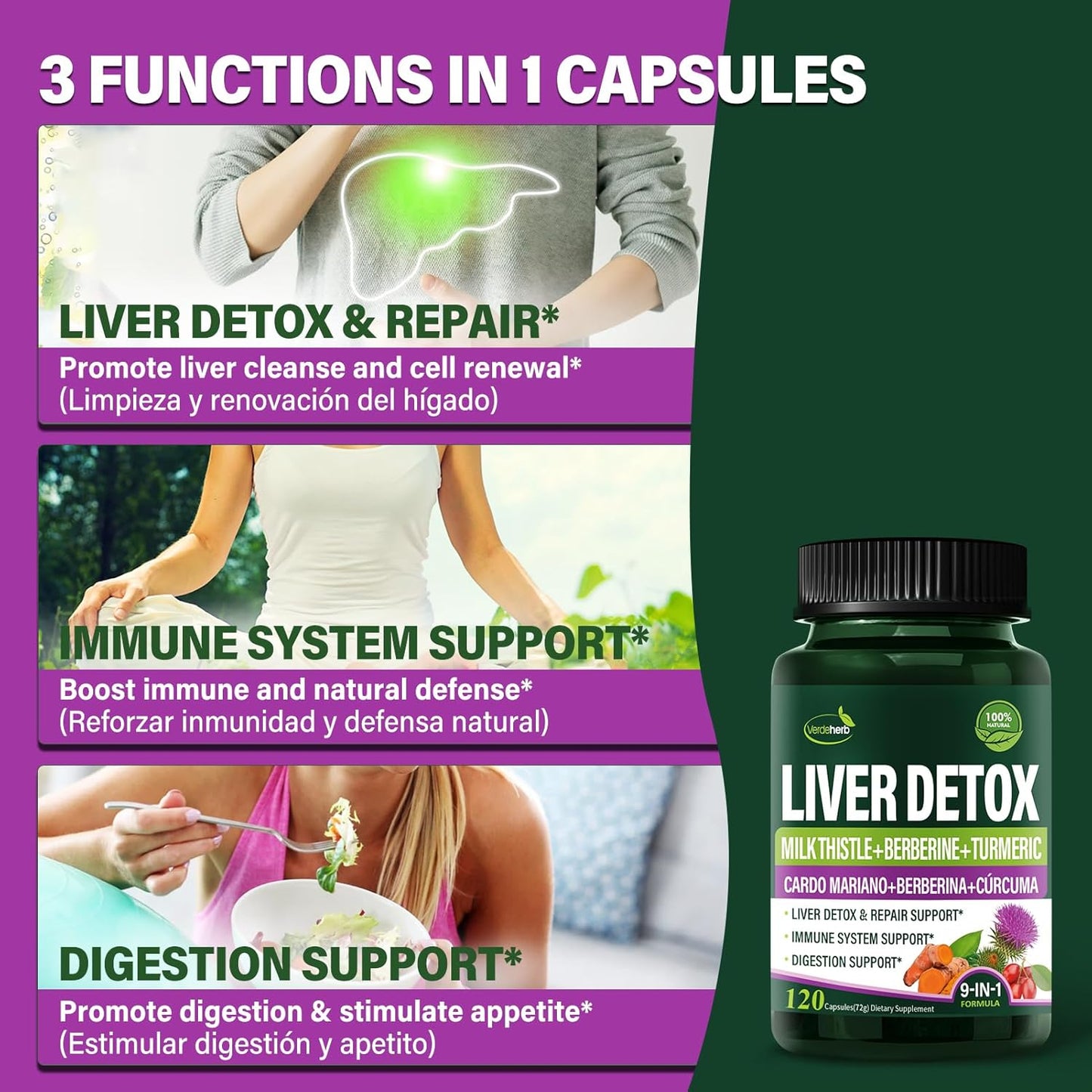 Liver Detox & Repair Herbal Complex Extract with Milk Thistle, Berberine, Turmeric for Immune System & Digestion - 240 Capsules