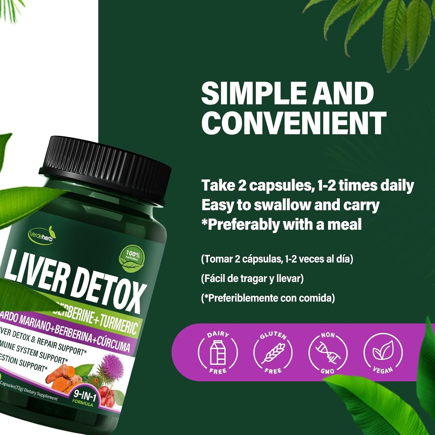 Liver Detox & Repair Herbal Complex Extract with Milk Thistle, Berberine, Turmeric for Immune System & Digestion - 240 Capsules