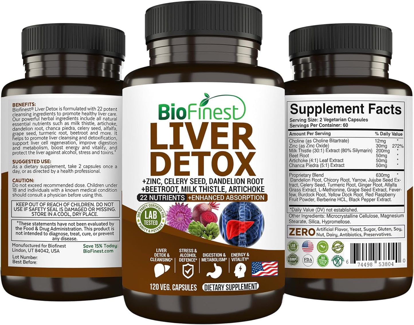 Liver Detox Supplement with 22 Nutrients - Milk Thistle, Artichoke, Beet Root, Turmeric, Ginger - Cleanse Alcohol, Boost Energy, Aid Digestion, Support Metabolism (120 Veg. Capsules)