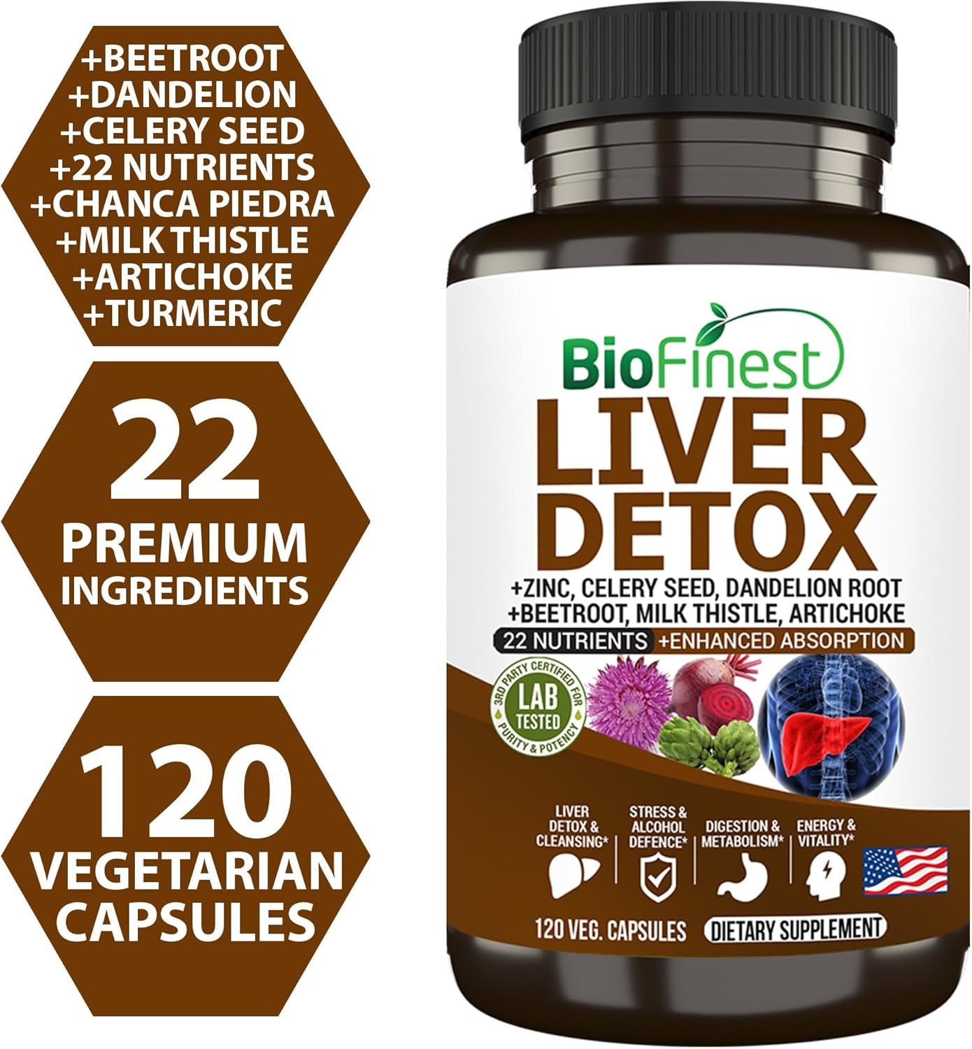 Liver Detox Supplement with 22 Nutrients - Milk Thistle, Artichoke, Beet Root, Turmeric, Ginger - Cleanse Alcohol, Boost Energy, Aid Digestion, Support Metabolism (120 Veg. Capsules)