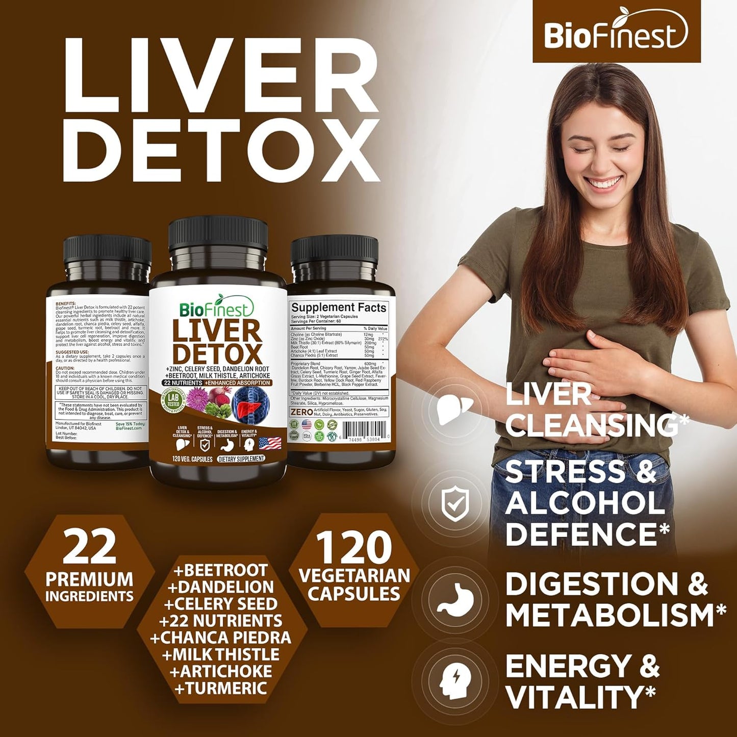 Liver Detox Supplement with 22 Nutrients - Milk Thistle, Artichoke, Beet Root, Turmeric, Ginger - Cleanse Alcohol, Boost Energy, Aid Digestion, Support Metabolism (120 Veg. Capsules)