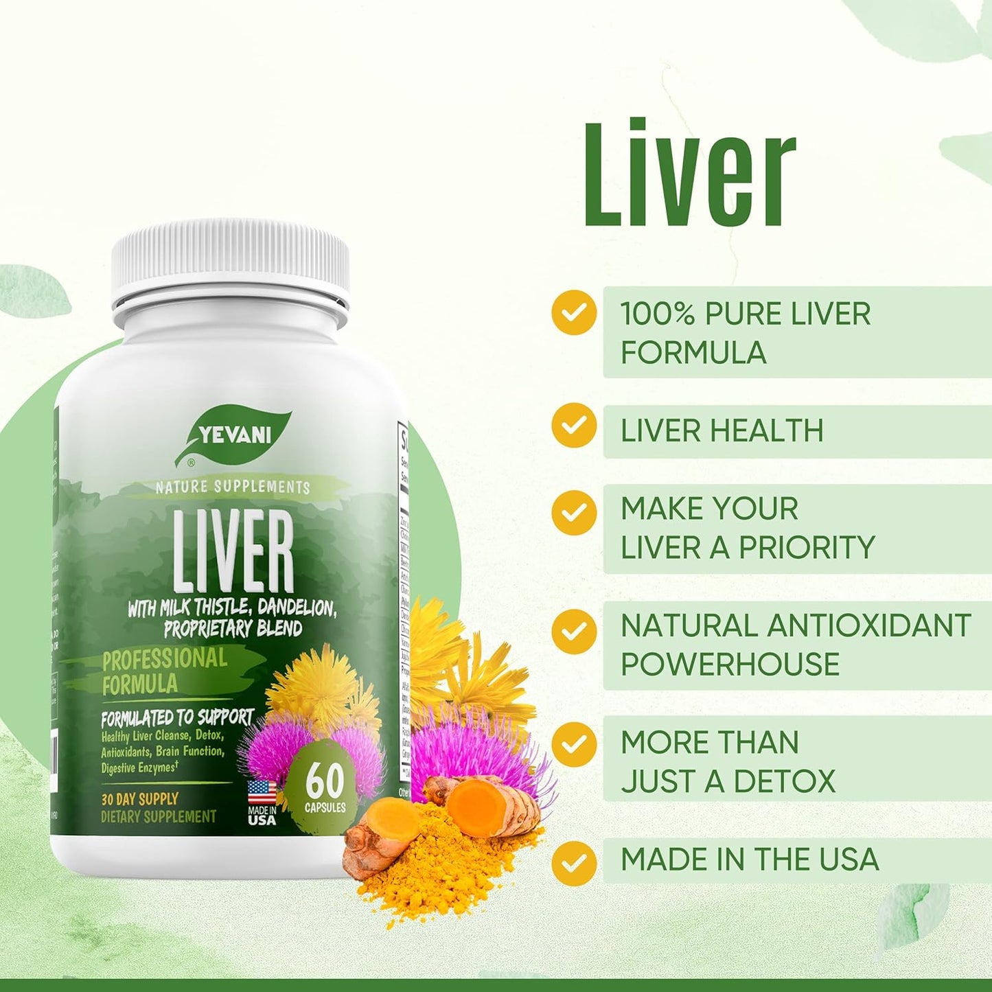 Liver Detox Support Supplement - YEVANI 100% Pure Formula with Milk Thistle, Dandelion, Beetroot, and Artichoke Extract - Herbal Liver Health Capsules for Detoxification