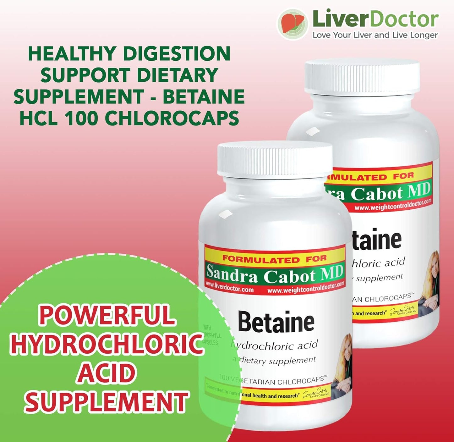 LiverDoctor Betaine HCL Supplement Capsules - Pure Betaine HCL 100 Chlorocaps for Digestive Health