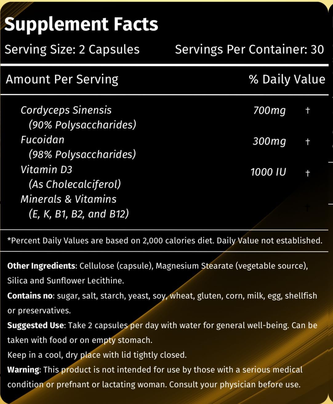 LL Supplement Cordyceps FD1000 Pharmacist Formula - Immune Booster with Fucoidan and Vitamin D - 60 Capsules