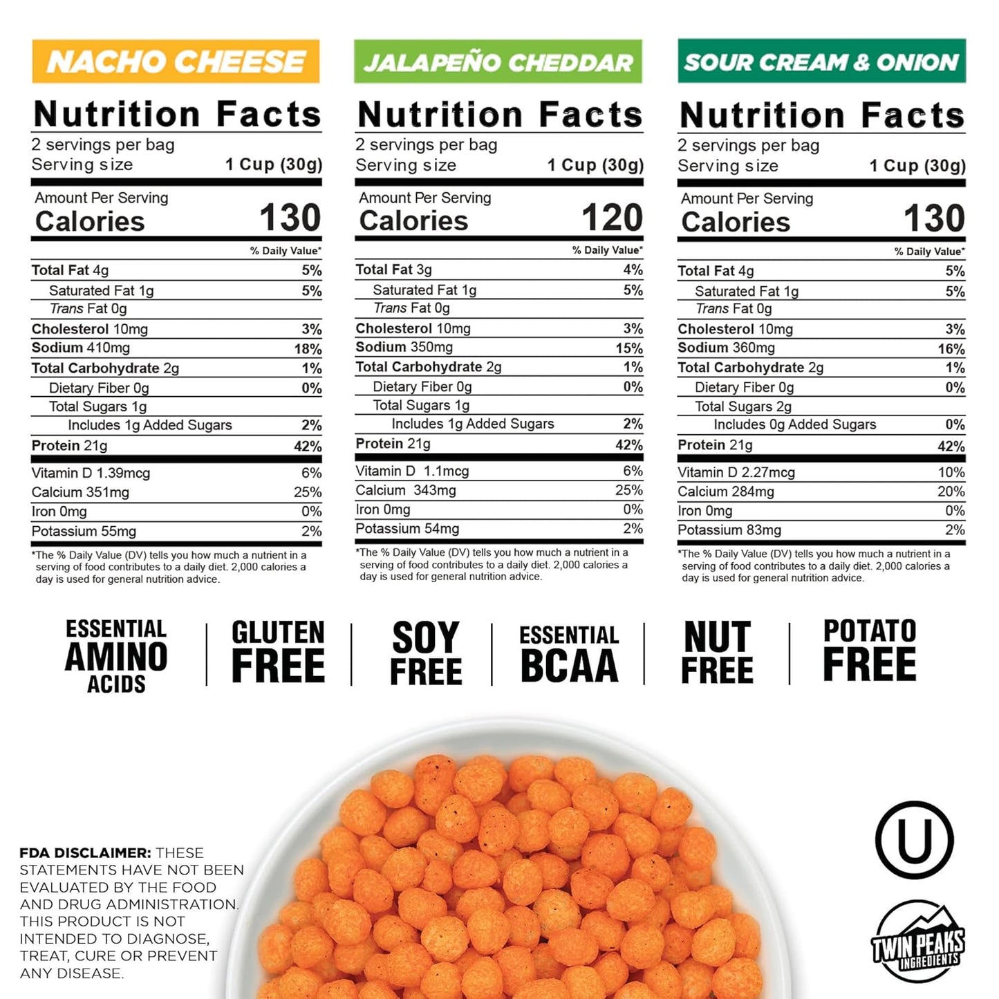 Low Carb Keto Protein Puffs Combo Pack - Twin Peaks Ingredients, 2 Servings, 3 Pack - 60g, 42g Protein, 4g Carbs - 2.1 Ounce each