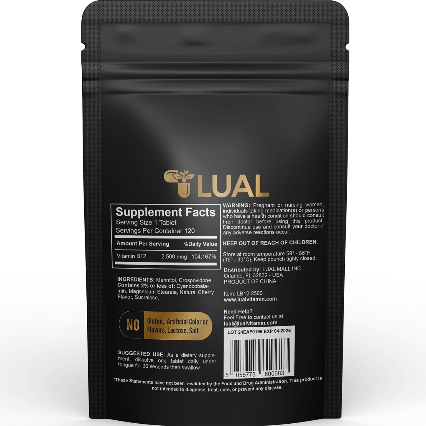 LUAL Vitamin B12 2500 mcg Quick-Dissolve Tablets for Women and Men - B12 Complex Dietary Supplement with B Vitamins - 120 Tablets