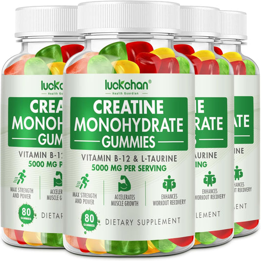 LUCKCHAN Creatine Monohydrate Gummies (4 Pack) - Muscle Strength, Builder, Energy Boost - 320 Count Pre-Workout Supplement for Men & Women