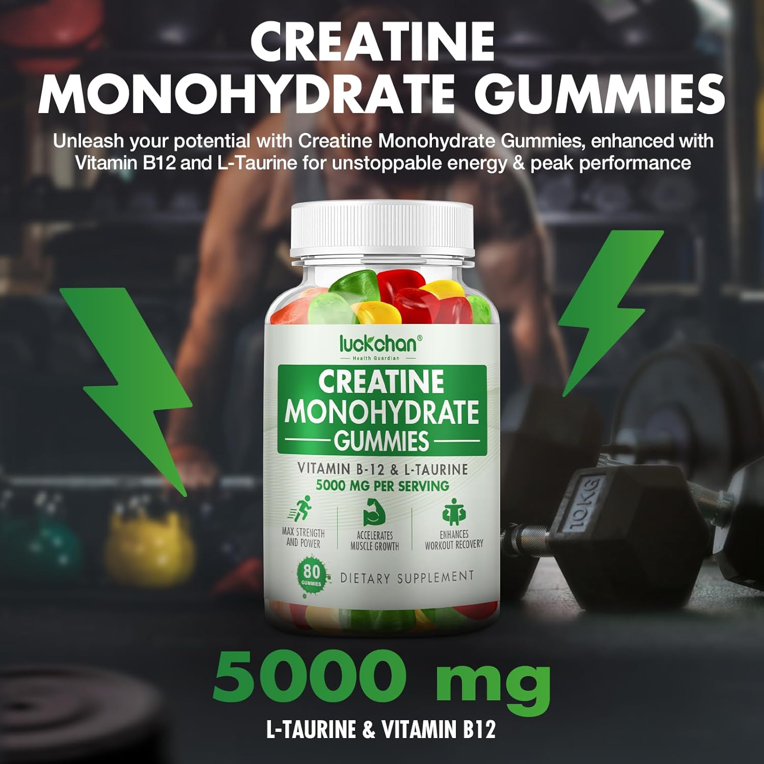 LUCKCHAN Creatine Monohydrate Gummies (4 Pack) - Muscle Strength, Builder, Energy Boost - 320 Count Pre-Workout Supplement for Men & Women