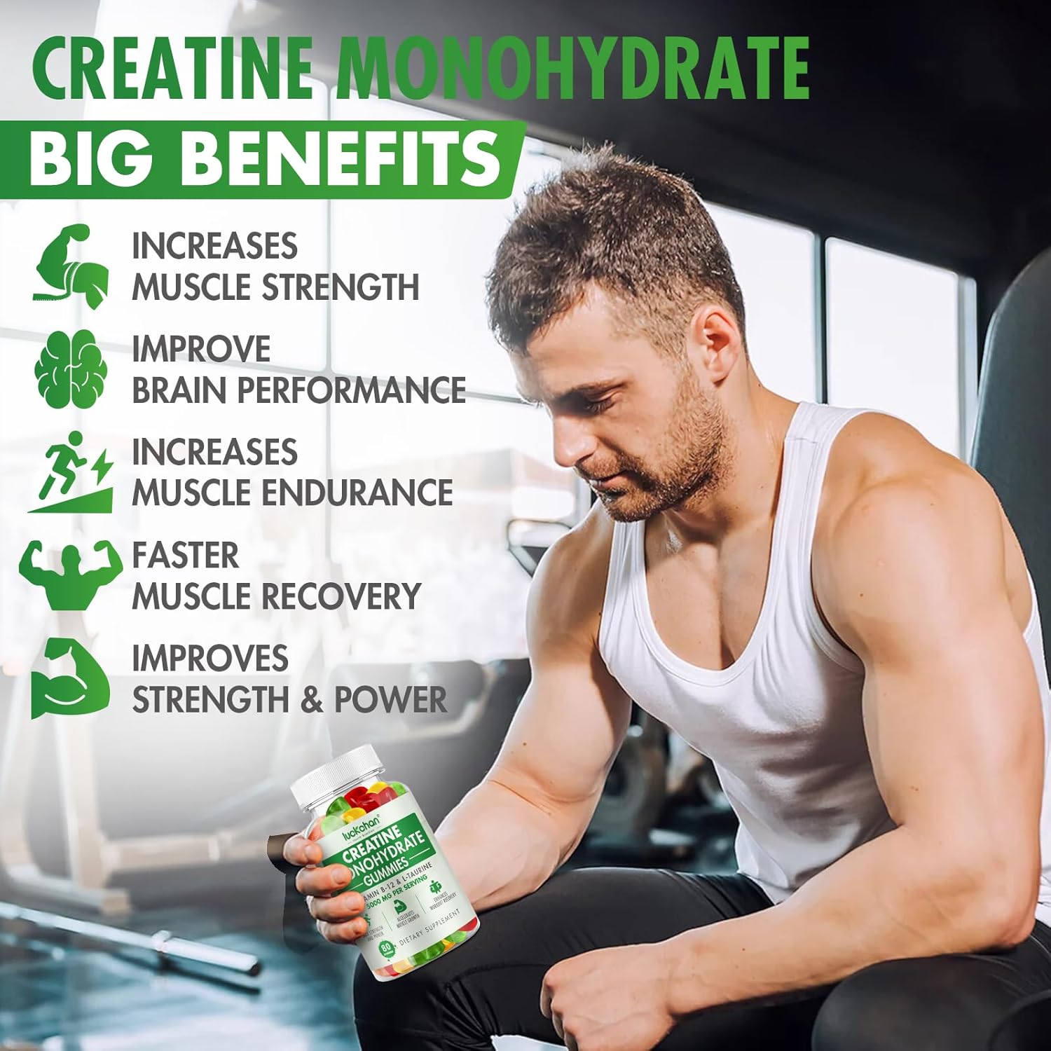LUCKCHAN Creatine Monohydrate Gummies (4 Pack) - Muscle Strength, Builder, Energy Boost - 320 Count Pre-Workout Supplement for Men & Women