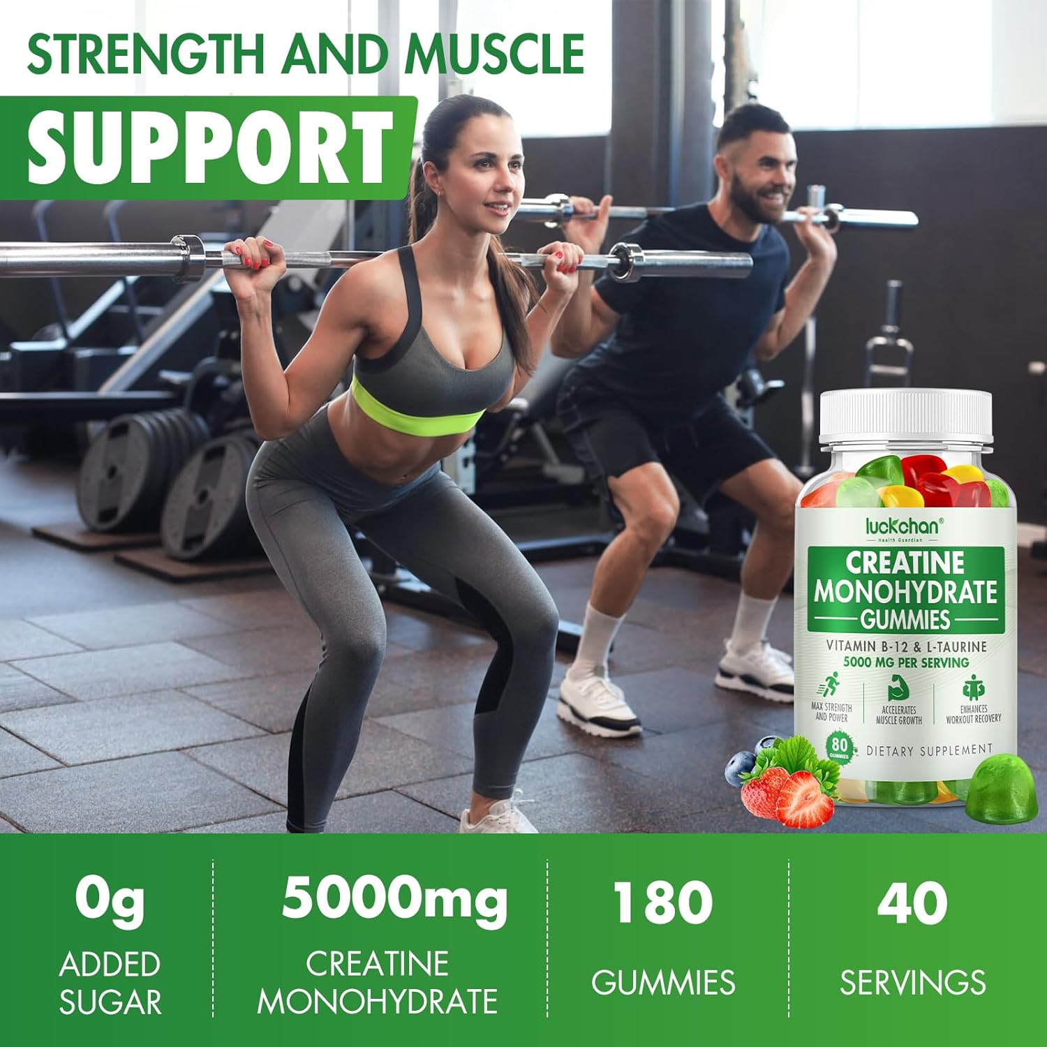 LUCKCHAN Creatine Monohydrate Gummies (4 Pack) - Muscle Strength, Builder, Energy Boost - 320 Count Pre-Workout Supplement for Men & Women