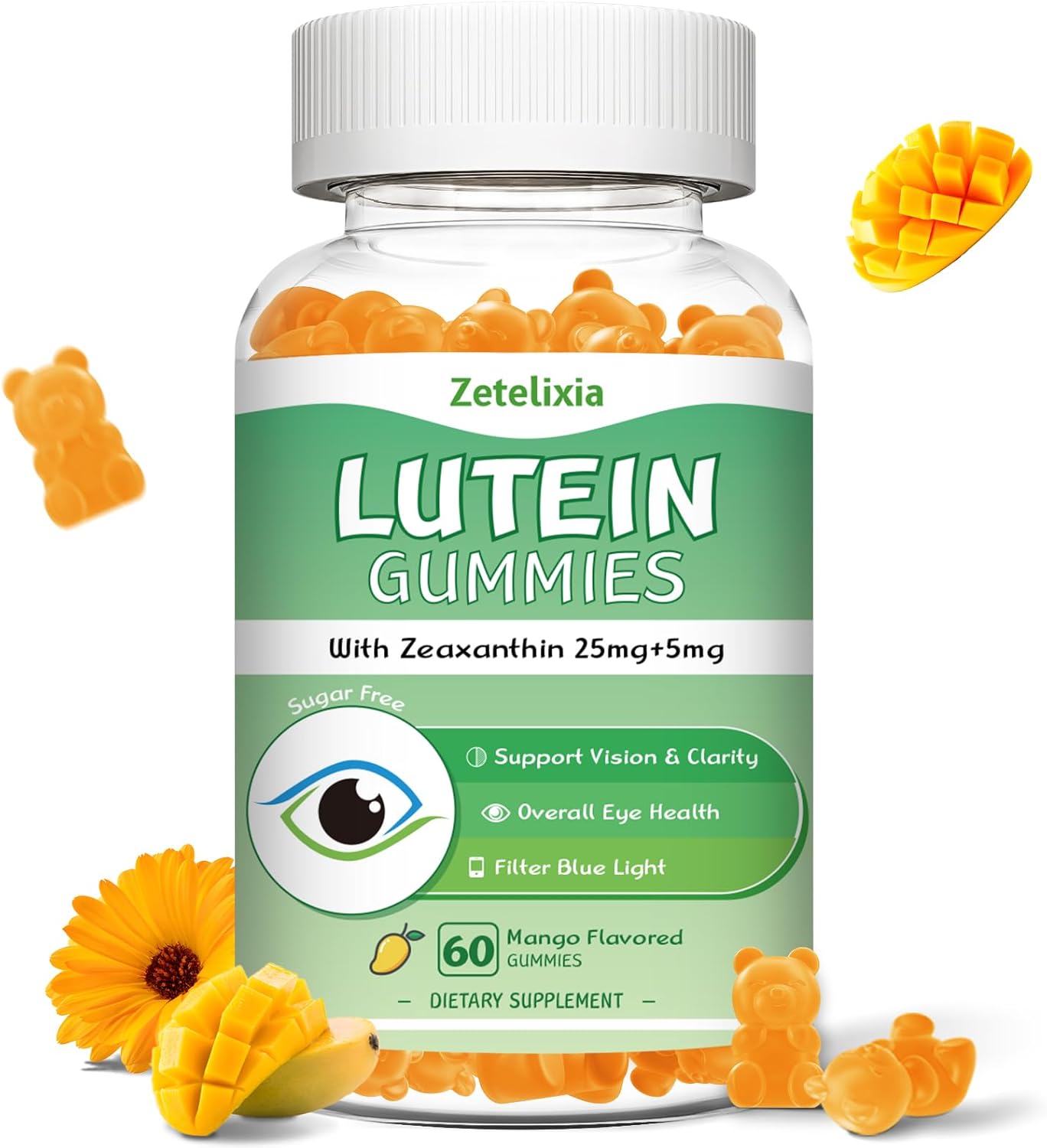 Lutein and Zeaxanthin Gummies for Adults | Eye Health Supplement with 10 Essential Eye Vitamins | Mango Flavor, 60 Count