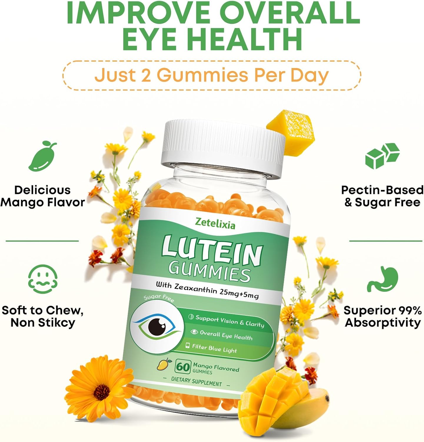 Lutein and Zeaxanthin Gummies for Adults | Eye Health Supplement with 10 Essential Eye Vitamins | Mango Flavor, 60 Count