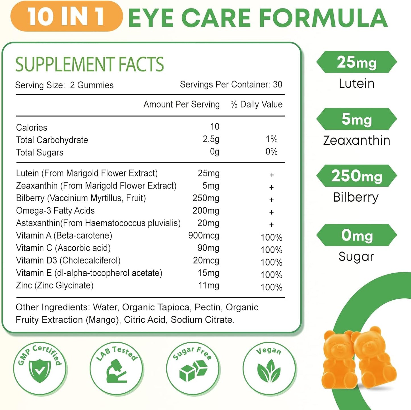 Lutein and Zeaxanthin Gummies for Adults | Eye Health Supplement with 10 Essential Eye Vitamins | Mango Flavor, 60 Count