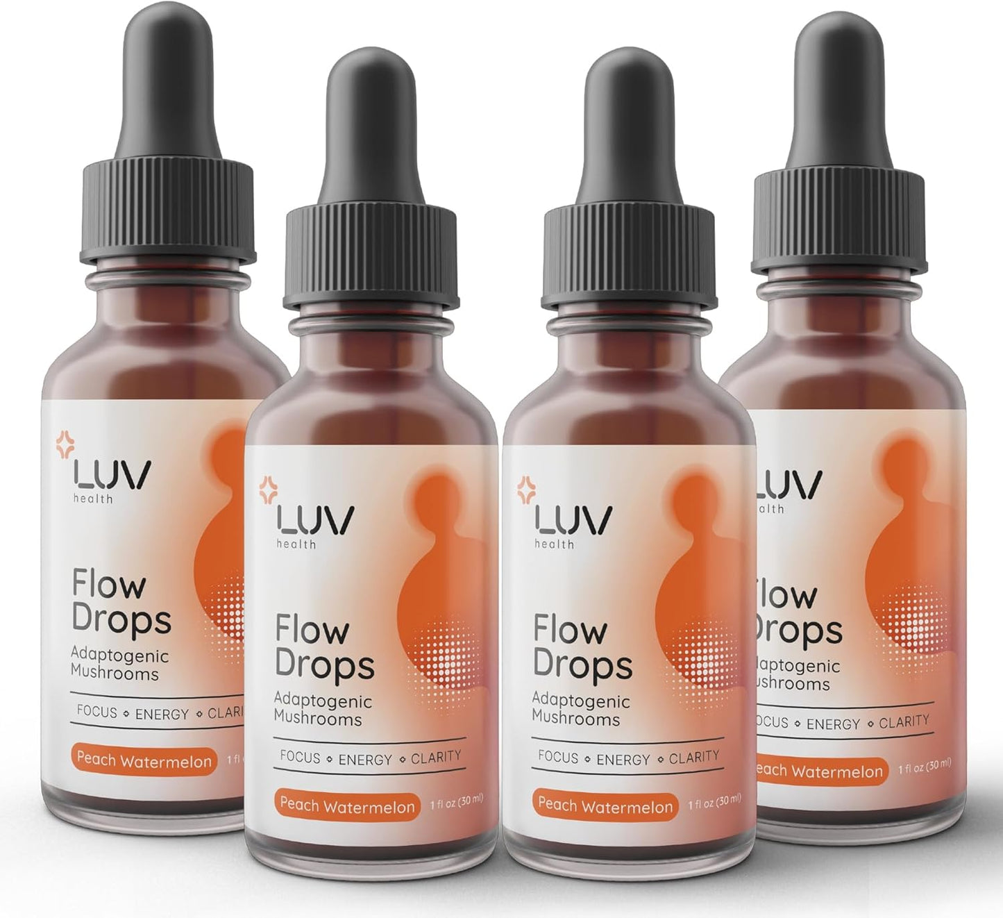 LUV Flow Drops® Adaptogen Mushroom Blend for Mental Clarity & Energy - 4-Pack 120 Servings, Vegan Keto, Focus & Immunity Support with Lion's Mane, Cordyceps, Reishi - Non-GMO USA Made