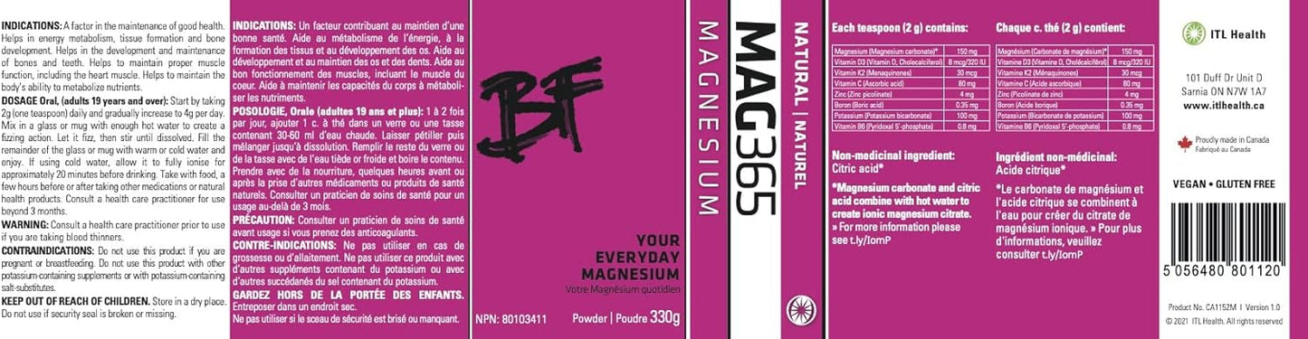 MAG365 ITL Health BF Bone Support - Ionic Magnesium Citrate with Vitamins and Minerals, Natural Powder, 330g