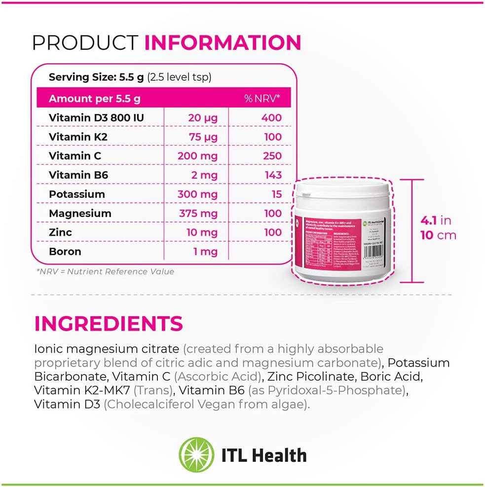 MAG365 ITL Health BF Bone Support - Ionic Magnesium Citrate with Vitamins and Minerals, Natural Powder, 330g