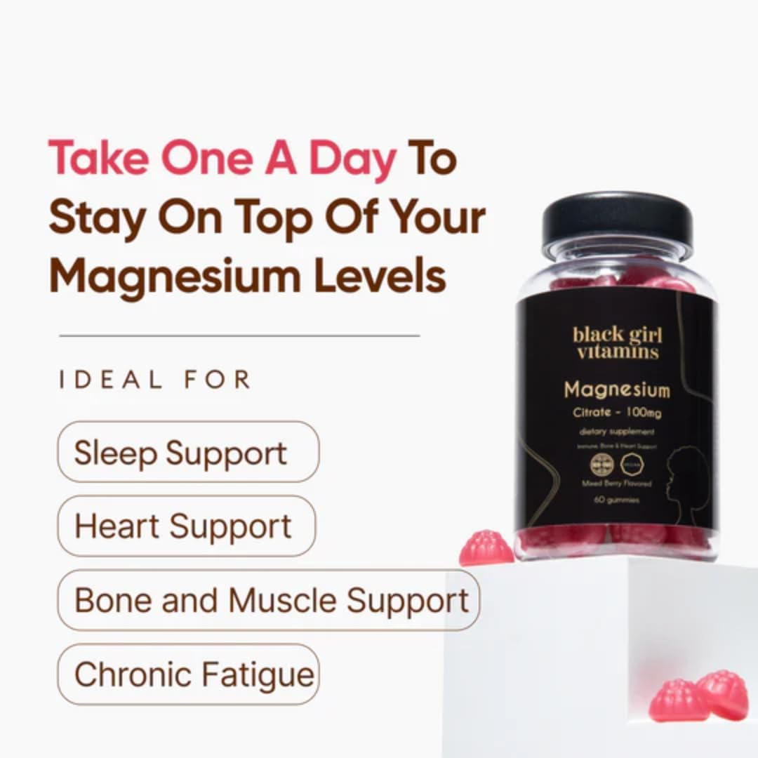 Magnesium Citrate Gummies for Black Girls - Sleep, Immunity, & Bone Support - 100mg per Serving - Gluten-Free Mixed Berry Flavor - 60ct