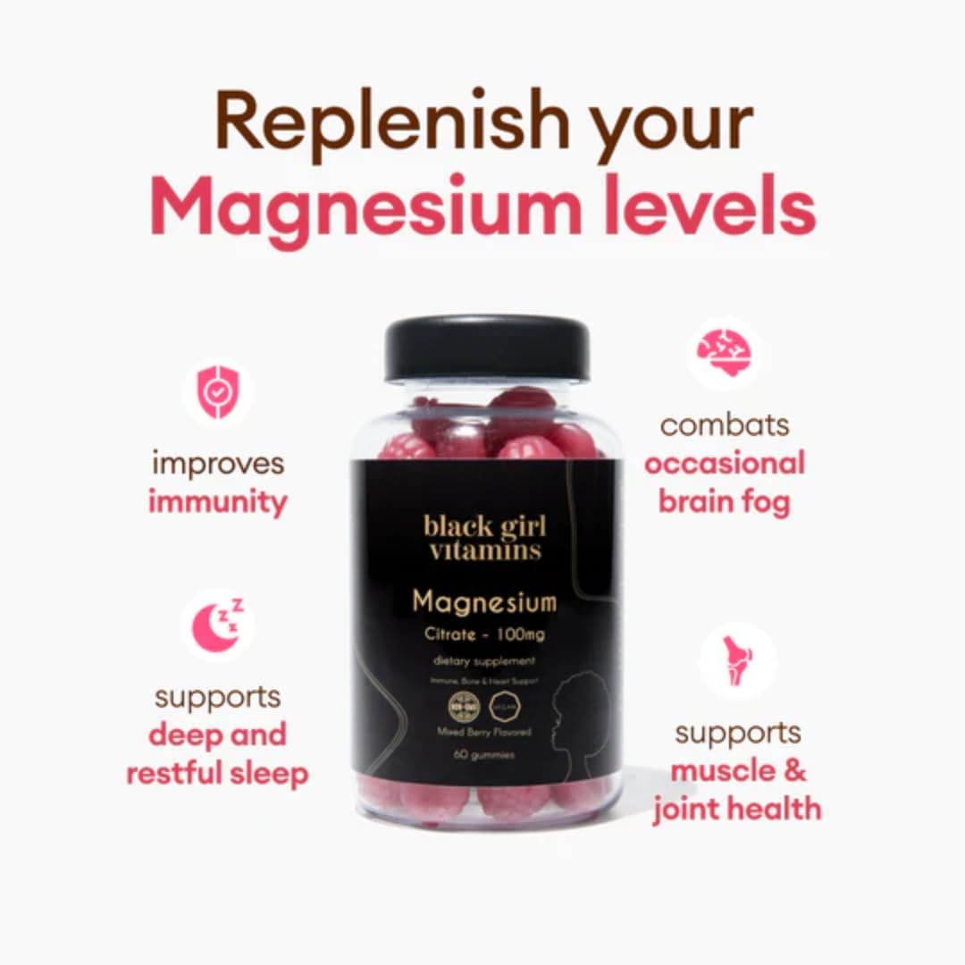 Magnesium Citrate Gummies for Black Girls - Sleep, Immunity, & Bone Support - 100mg per Serving - Gluten-Free Mixed Berry Flavor - 60ct