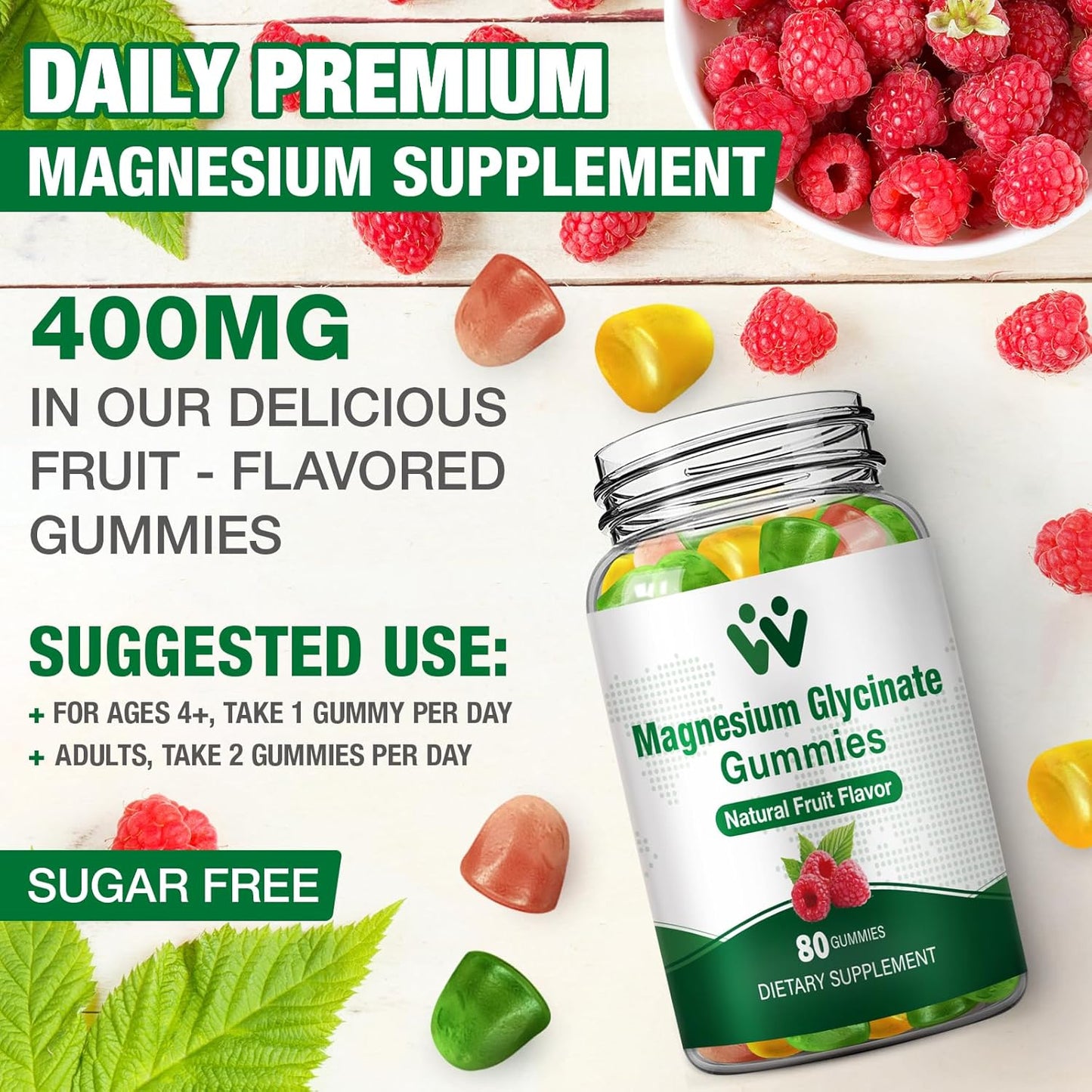 Magnesium Glycinate Gummies 400mg for Sleep, Stress, Muscle Relief - Sugar Free, Vegan, Non GMO - Adults & Kids Magnesium Supplement