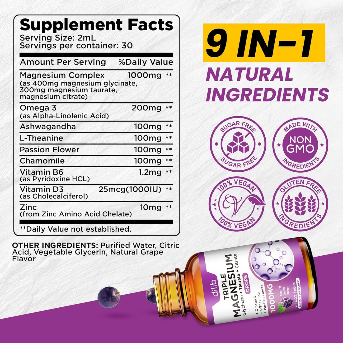 Magnesium Glycinate Liquid Drops with Taurate Citrate - Vegan Sleep and Stress Relief Supplement - 2 Fl Oz Grape Flavor