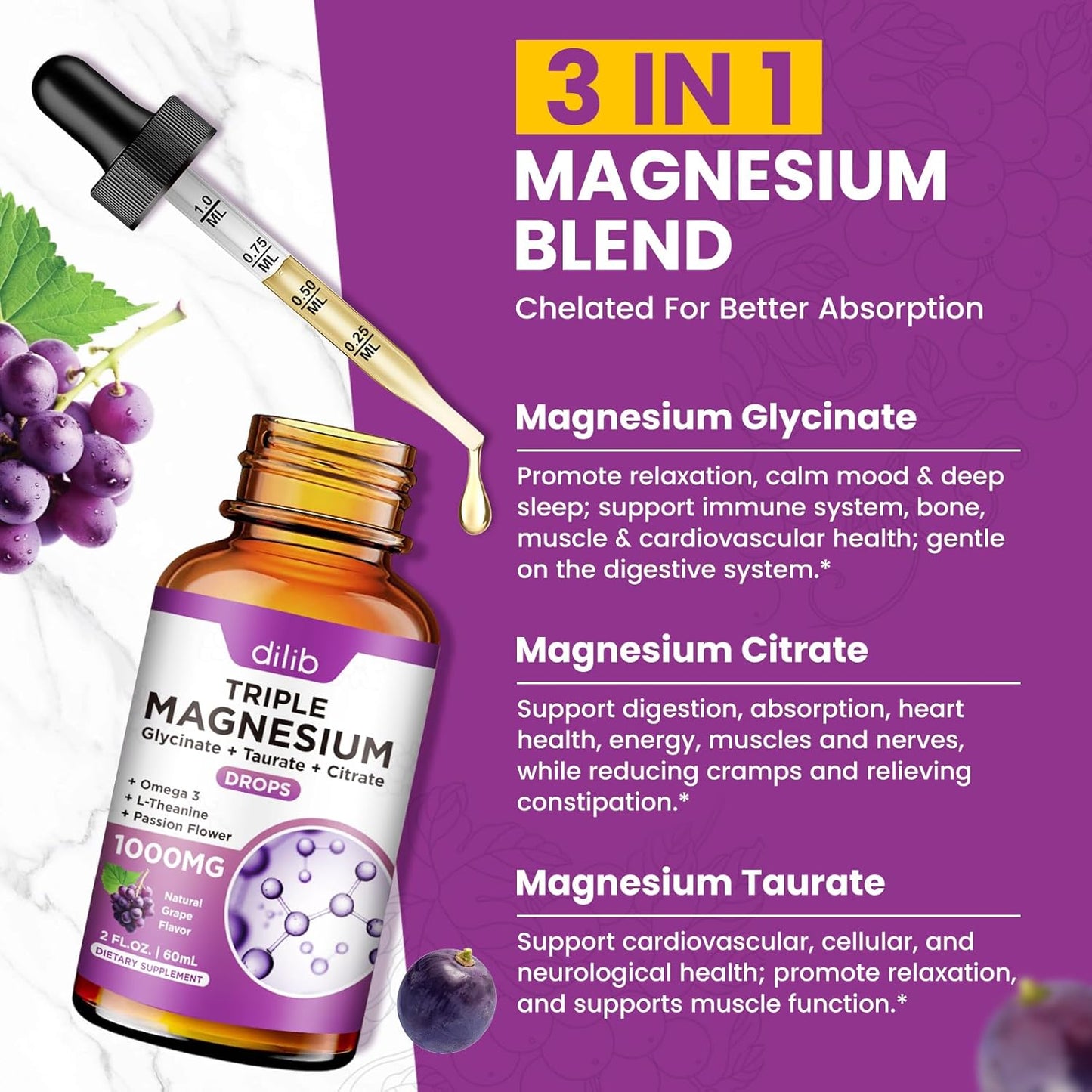 Magnesium Glycinate Liquid Drops with Taurate Citrate - Vegan Sleep and Stress Relief Supplement - 2 Fl Oz Grape Flavor