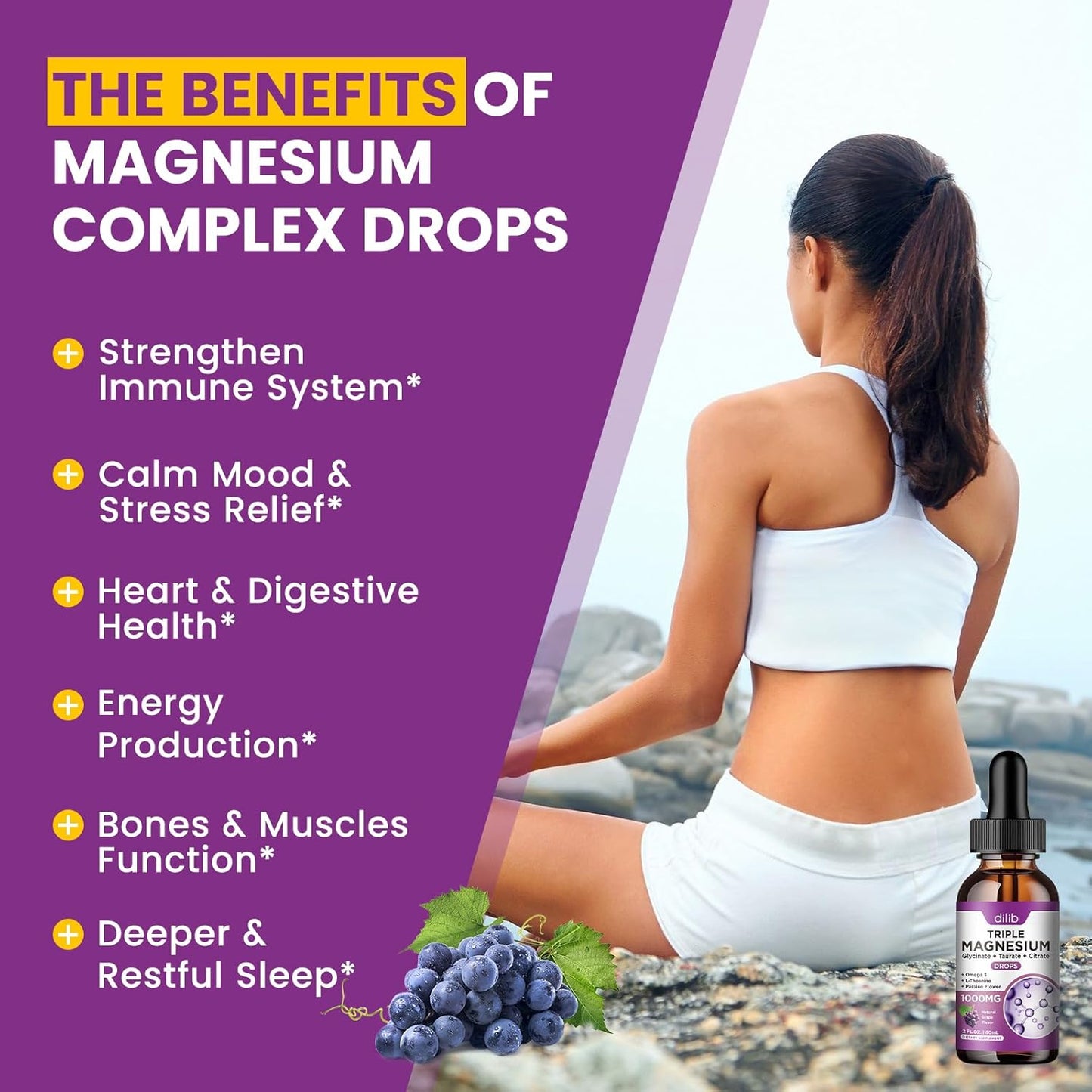 Magnesium Glycinate Liquid Drops with Taurate Citrate - Vegan Sleep and Stress Relief Supplement - 2 Fl Oz Grape Flavor