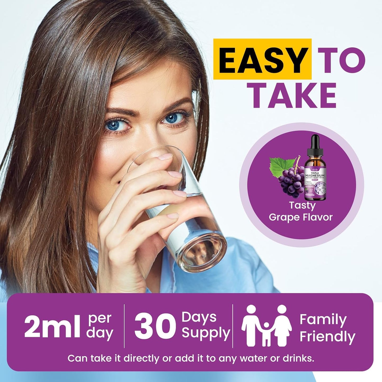 Magnesium Glycinate Liquid Drops with Taurate Citrate - Vegan Sleep and Stress Relief Supplement - 2 Fl Oz Grape Flavor