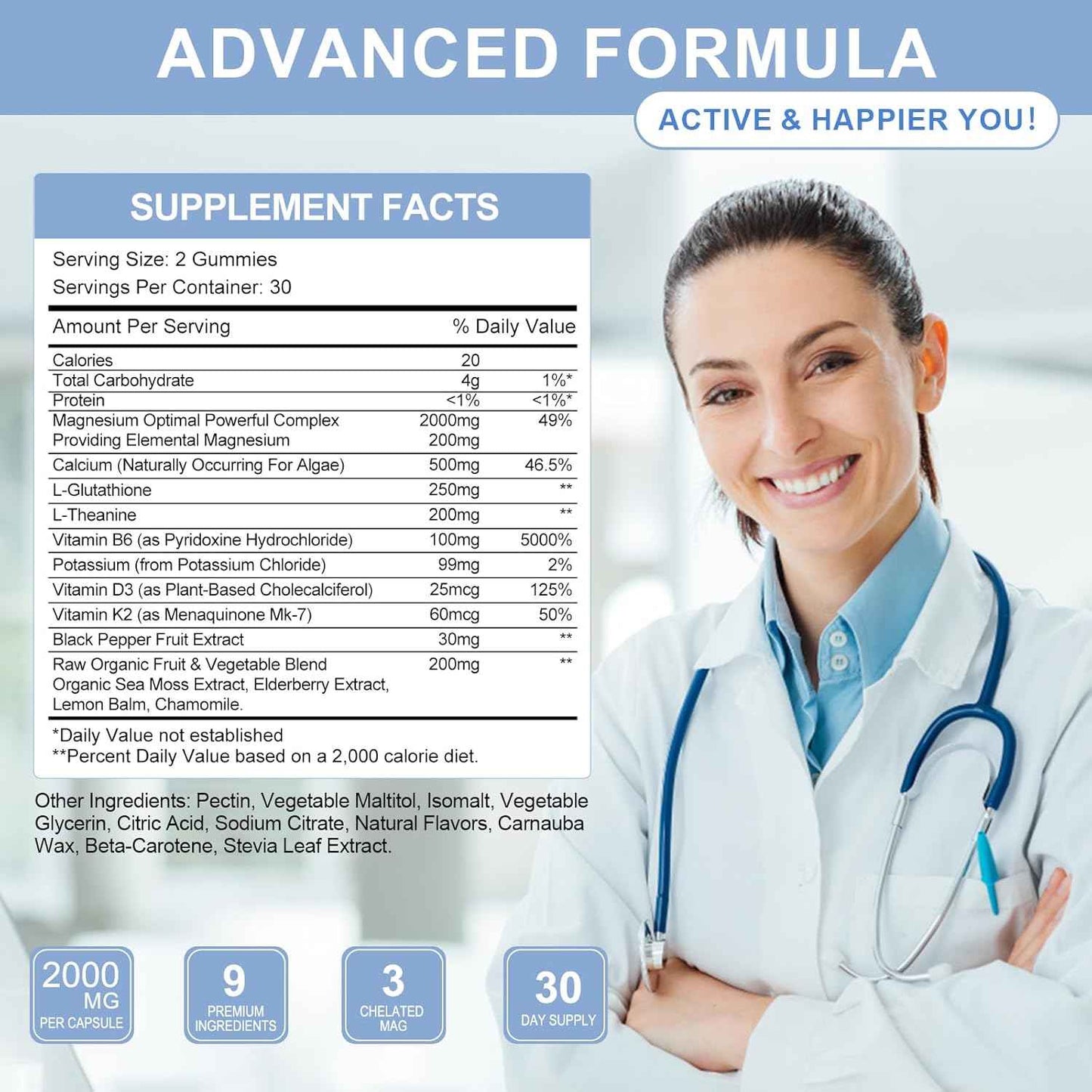 Magnesium Glycinate Supplement w/Natural Vitamin & Super Food for Bone Health, Nerves, Muscles Stress & Calmā Vegan, Gluten Free, 120 Gummies, 60 Days Berry Flavor