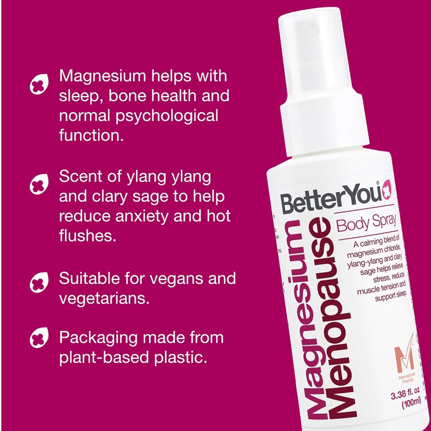 Magnesium Menopause Body Spray with Ylang-ylang and Clary Sage for Symptom Relief, Stress Reduction, and Sleep Support