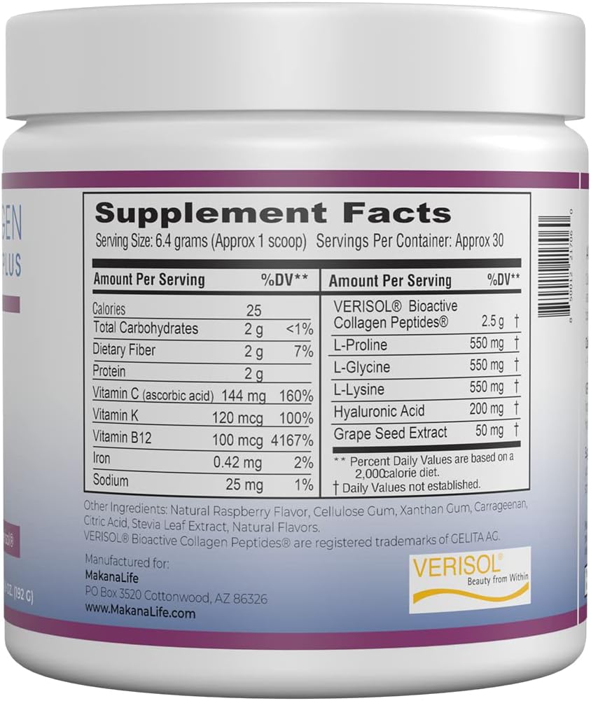 Makana Collagen Peptides Plus with Verisol, Vitamin C, Hyaluronic Acid - Supports Hair, Skin, Nails, Joints - 30 Servings, Raspberry Flavor