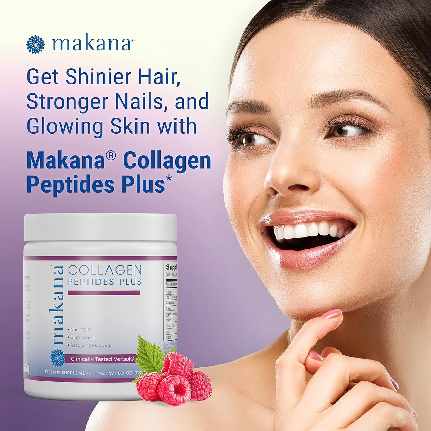 Makana Collagen Peptides Plus with Verisol, Vitamin C, Hyaluronic Acid - Supports Hair, Skin, Nails, Joints - 30 Servings, Raspberry Flavor