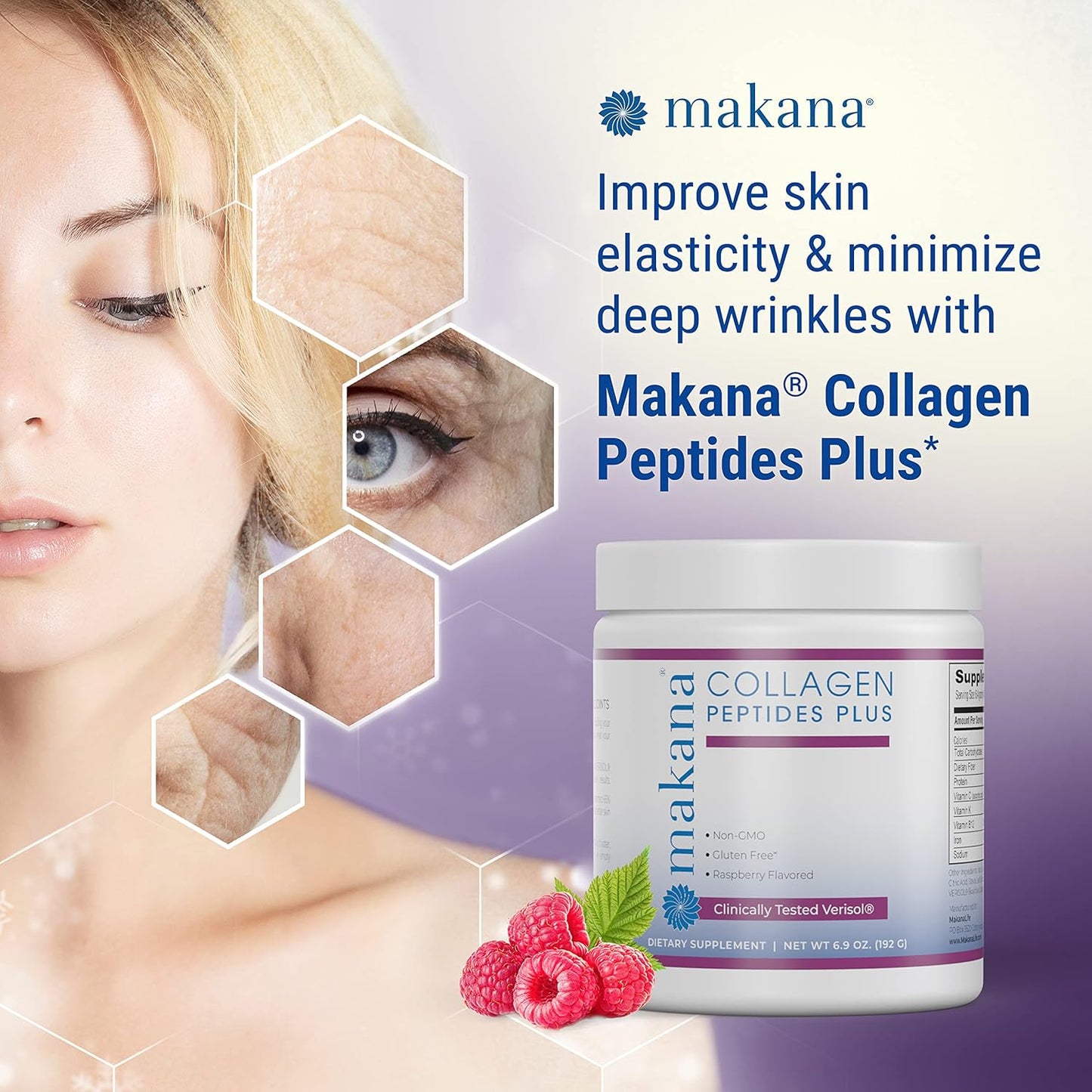 Makana Collagen Peptides Plus with Verisol, Vitamin C, Hyaluronic Acid - Supports Hair, Skin, Nails, Joints - 30 Servings, Raspberry Flavor