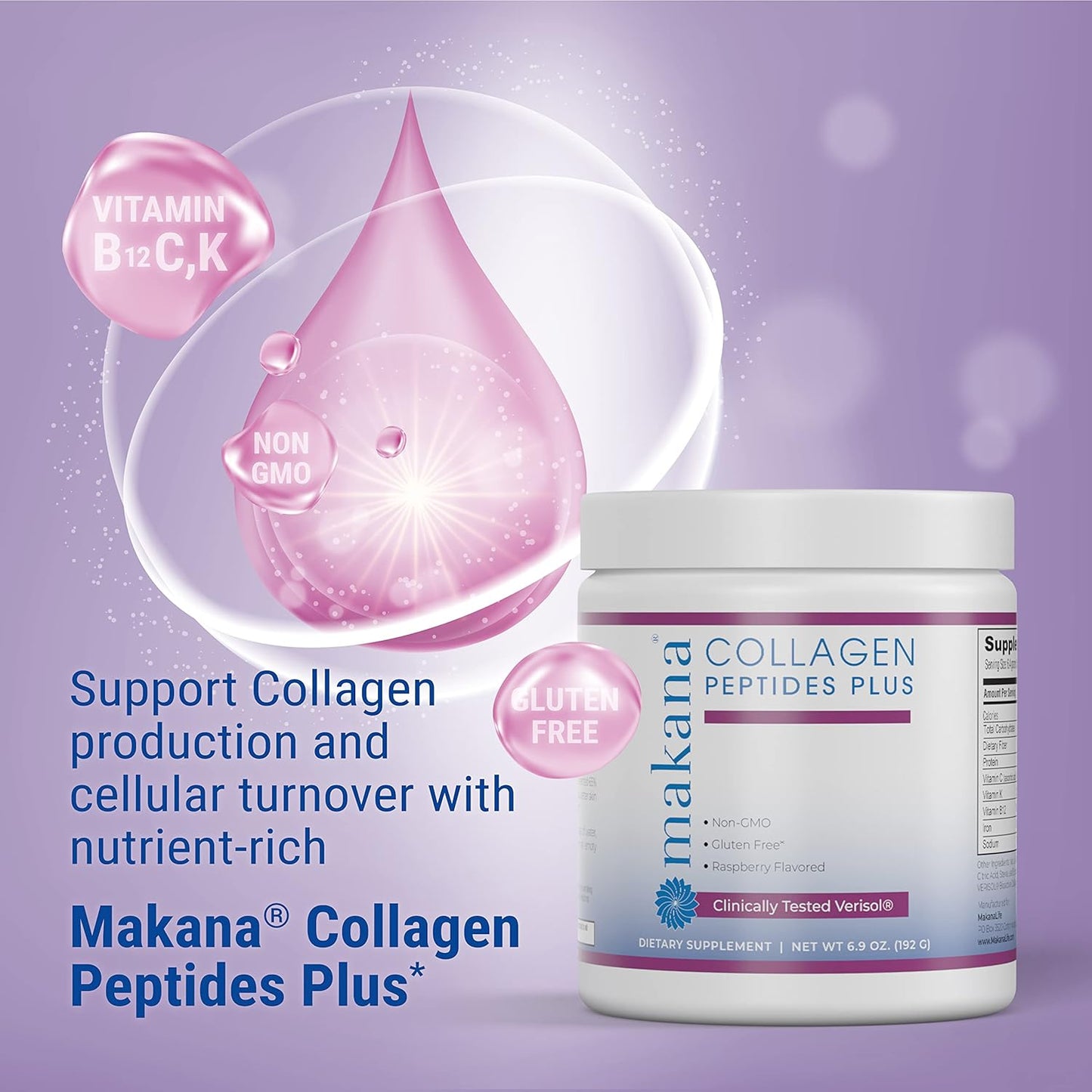 Makana Collagen Peptides Plus with Verisol, Vitamin C, Hyaluronic Acid - Supports Hair, Skin, Nails, Joints - 30 Servings, Raspberry Flavor