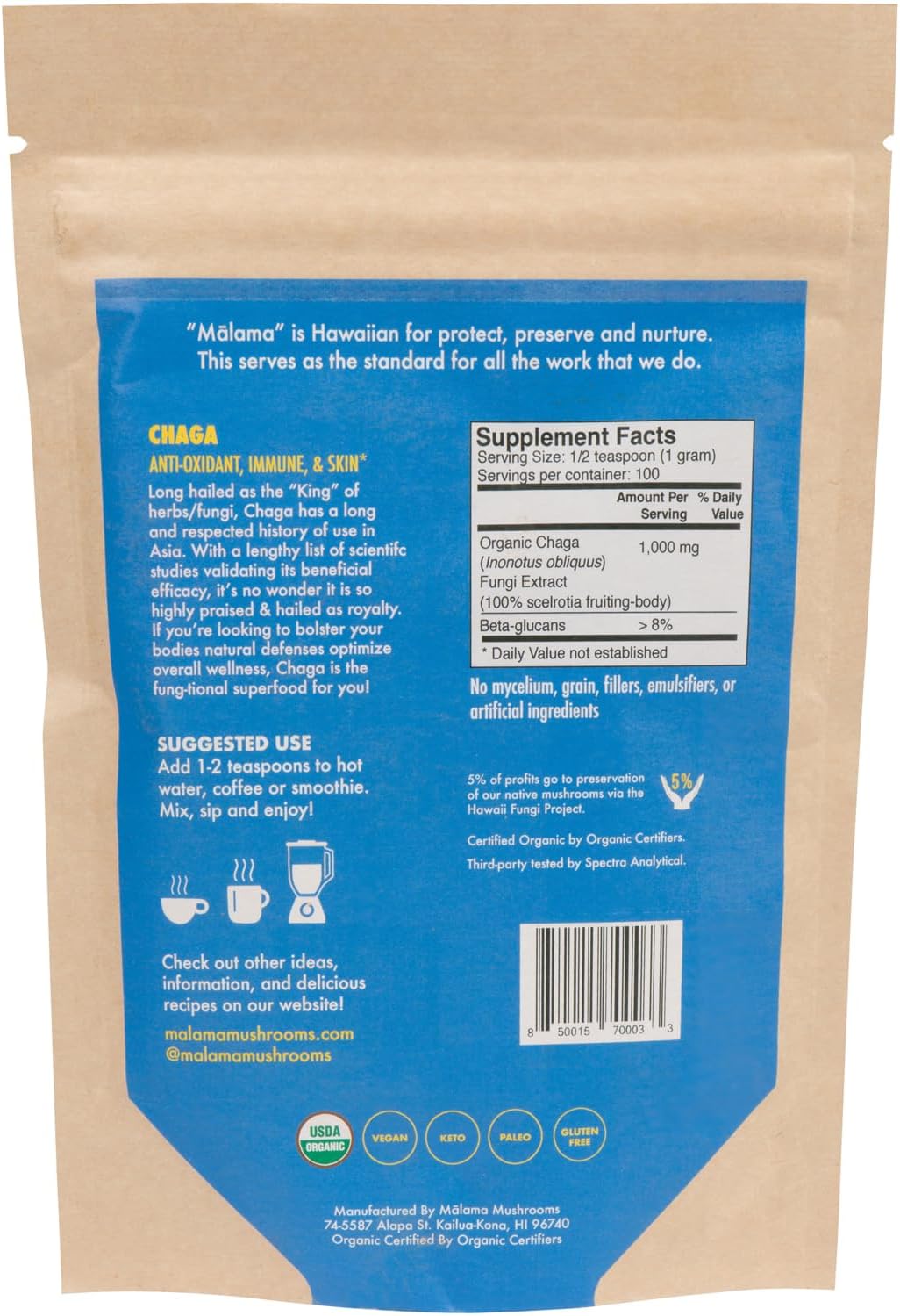 Malama Mushrooms Organic Chaga Extract Powder - Superfood Adaptogen for Immune Support, Skin Health, Energy Boost - 100 Servings