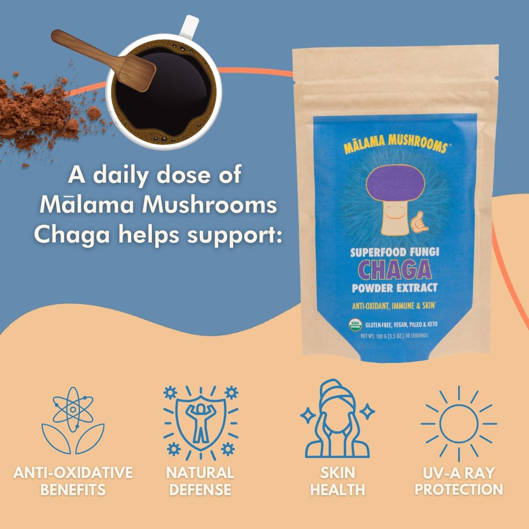 Malama Mushrooms Organic Chaga Extract Powder - Superfood Adaptogen for Immune Support, Skin Health, Energy Boost - 100 Servings